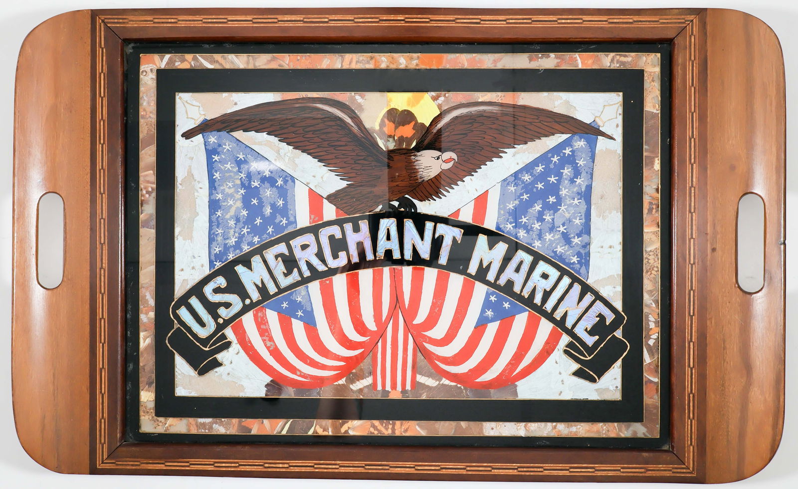 U.S. MERCHANT MARINE WARTIME SERVING TRAY: A beautifully made and most attractive U.S. Merchant Marine wood and glass serving tray obtained by a sailor in Buenos Aires during the war years. The tray measures 21 x 13.25 in. overall with