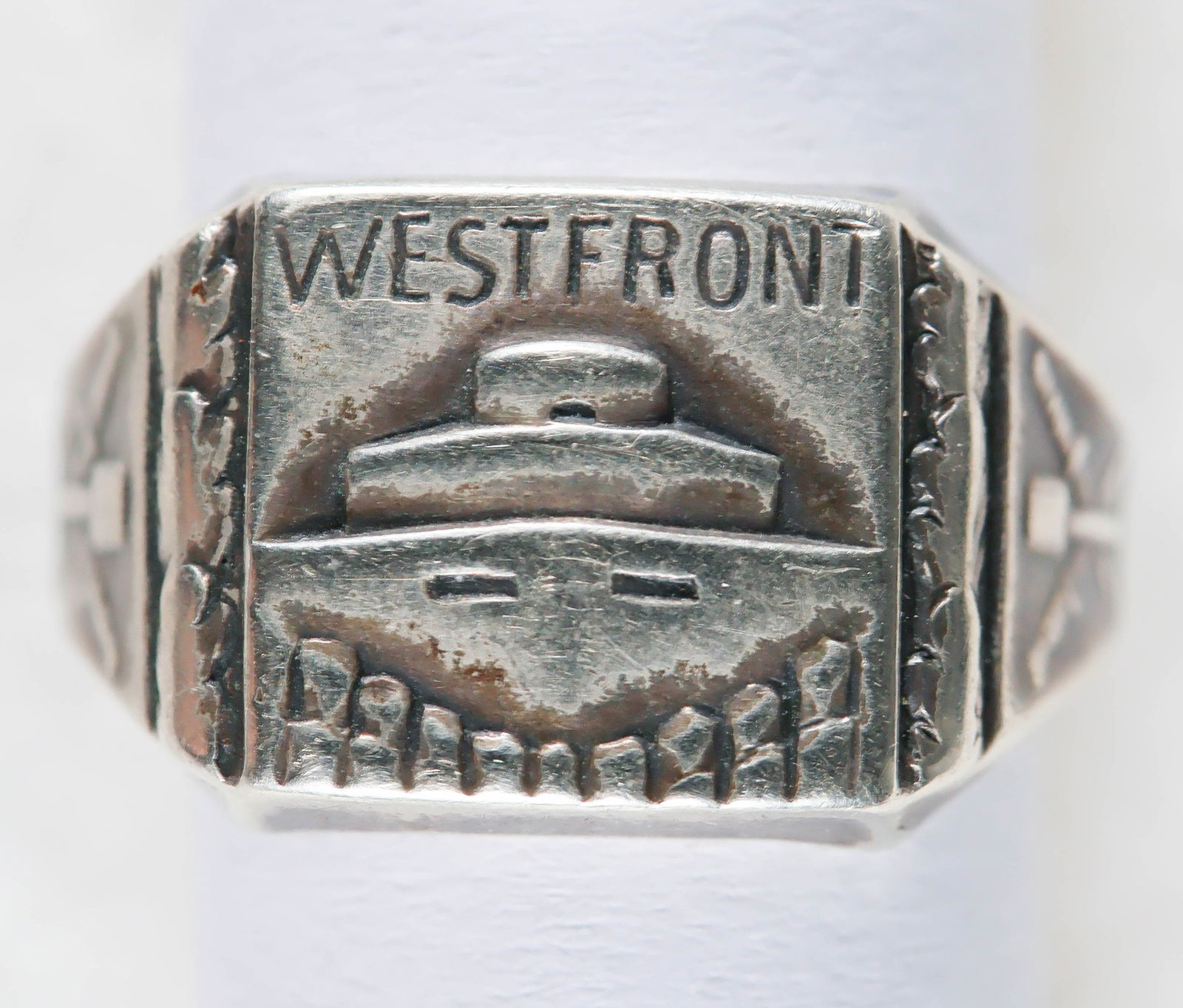 GERMAN WESTWALL ALPACA RING, BOXED: A Westwall ring in alpaca silver, lightly worn from use, in the original jeweler's ring box from L.M. Allmer, Munich. Very good.