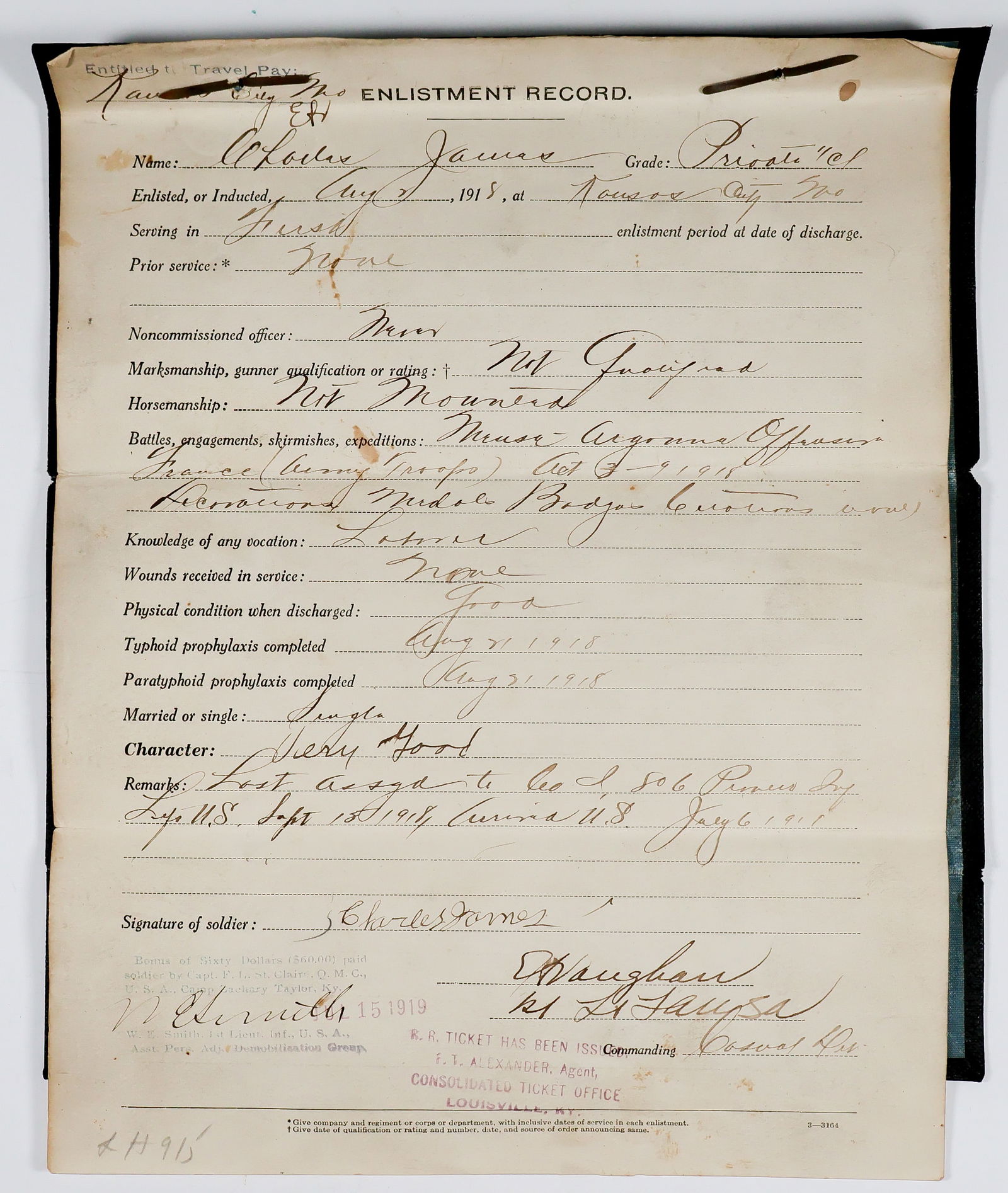 BLACK 806TH PIONEER INFANTRY REGIMENT SOLDIER’S ENLISTMENT AND DISCHARGE CERTIFICATE: An interesting partly-printed document, 2pp. 4to., Camp Zachary Taylor, KY, July 15, 1919, an enlistment record and discharge certificate for Pvt. Charles James of Company L of the 806th Pioneer