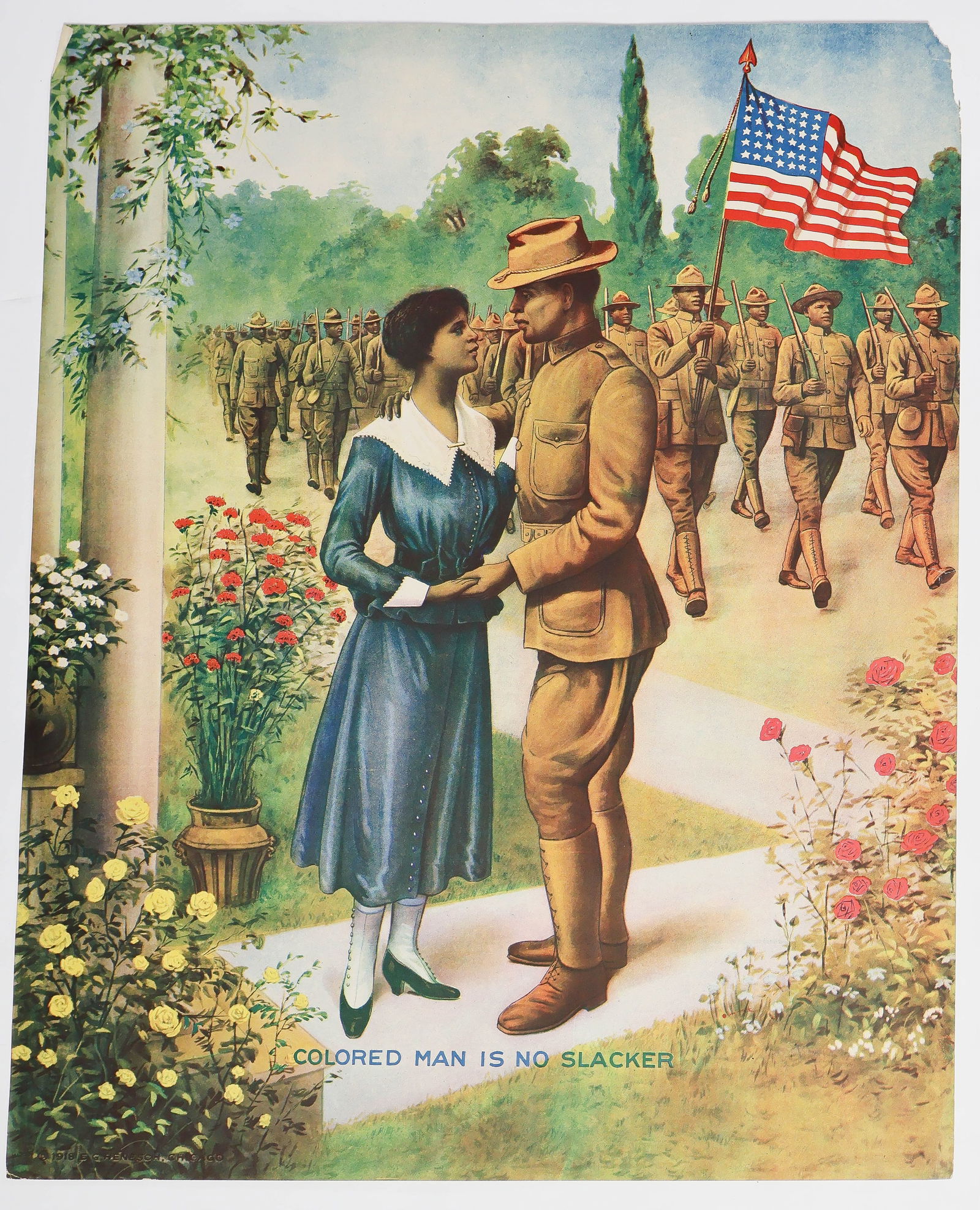 'COLORED MAN IS NO SLACKER' POSTER: Very rare color chromolithograph poster titled at the bottom: 'Colored Man is No Slacker', 20 x 16 in., a commercial image intended for the African-American market. The poster depicts a black soldier