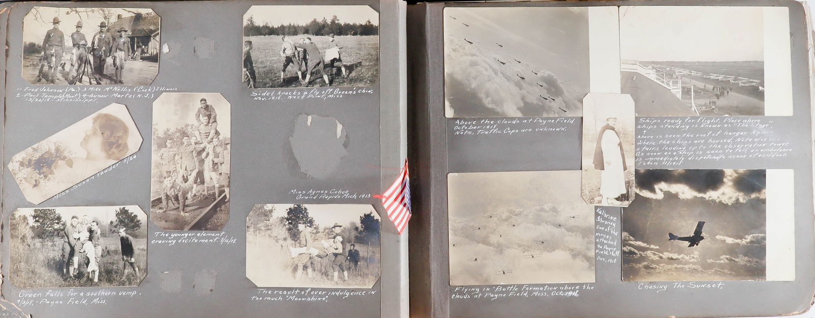 U.S. AIR SERVICE MEDICAL PERSONNEL’S PHOTO ALBUM AND SCRAPBOOK: A fine photo album 52pp. oblong folio, ca. 1914-1925, assembled by a George F. Marcoux of Rensselaer, New York, primarily chronicling his World War I service as an enlisted member of the medical