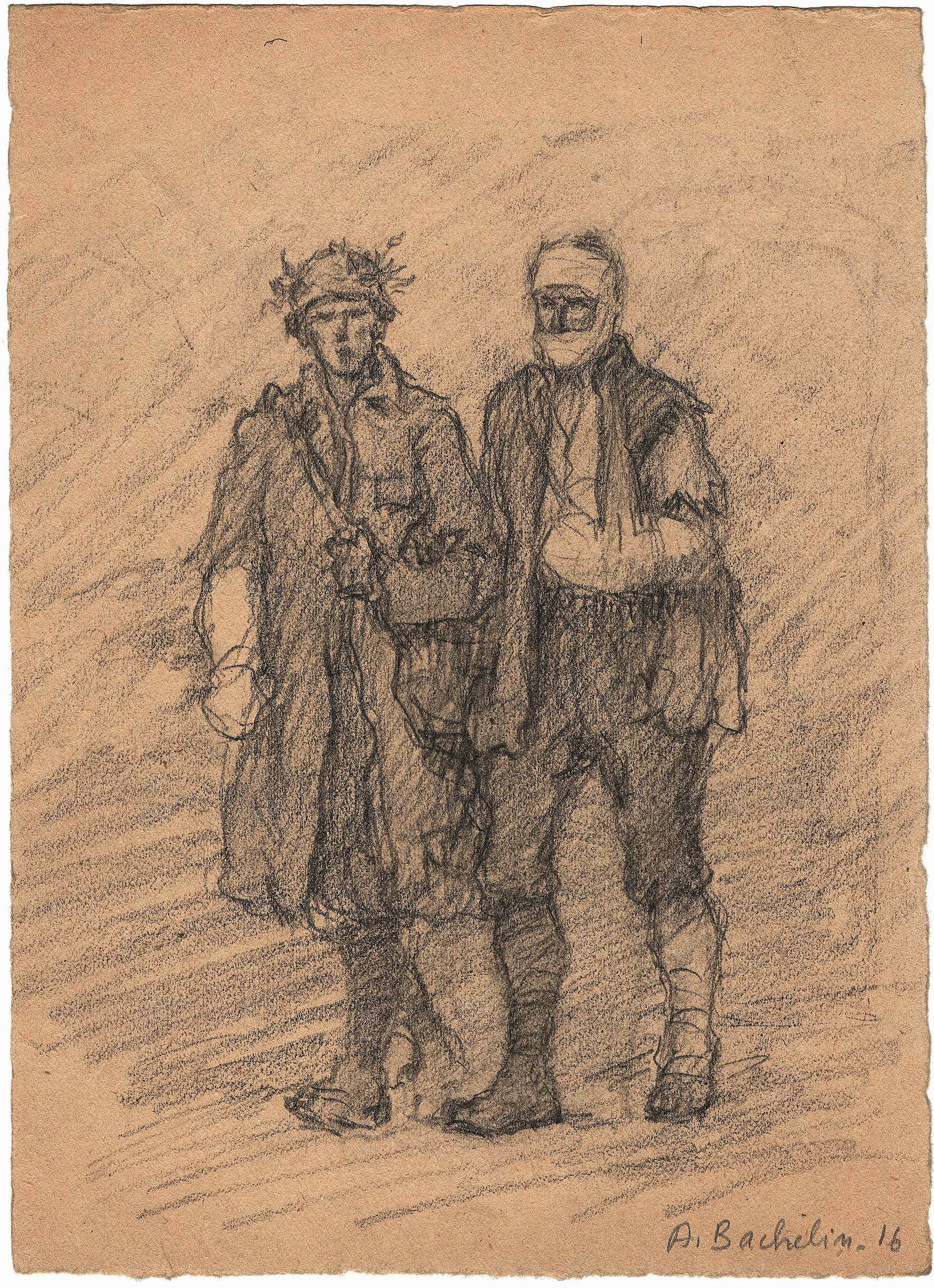FRENCH BATTLEFIELD SKETCH OF WOUNDED SOLDIERS: Original graphite battlefield sketch, 6.5 x 9 in. on heavy stock and dated '1916', depicts two French poilu full length, both wounded, as they walk down a road or path. Very good. Signed at bottom