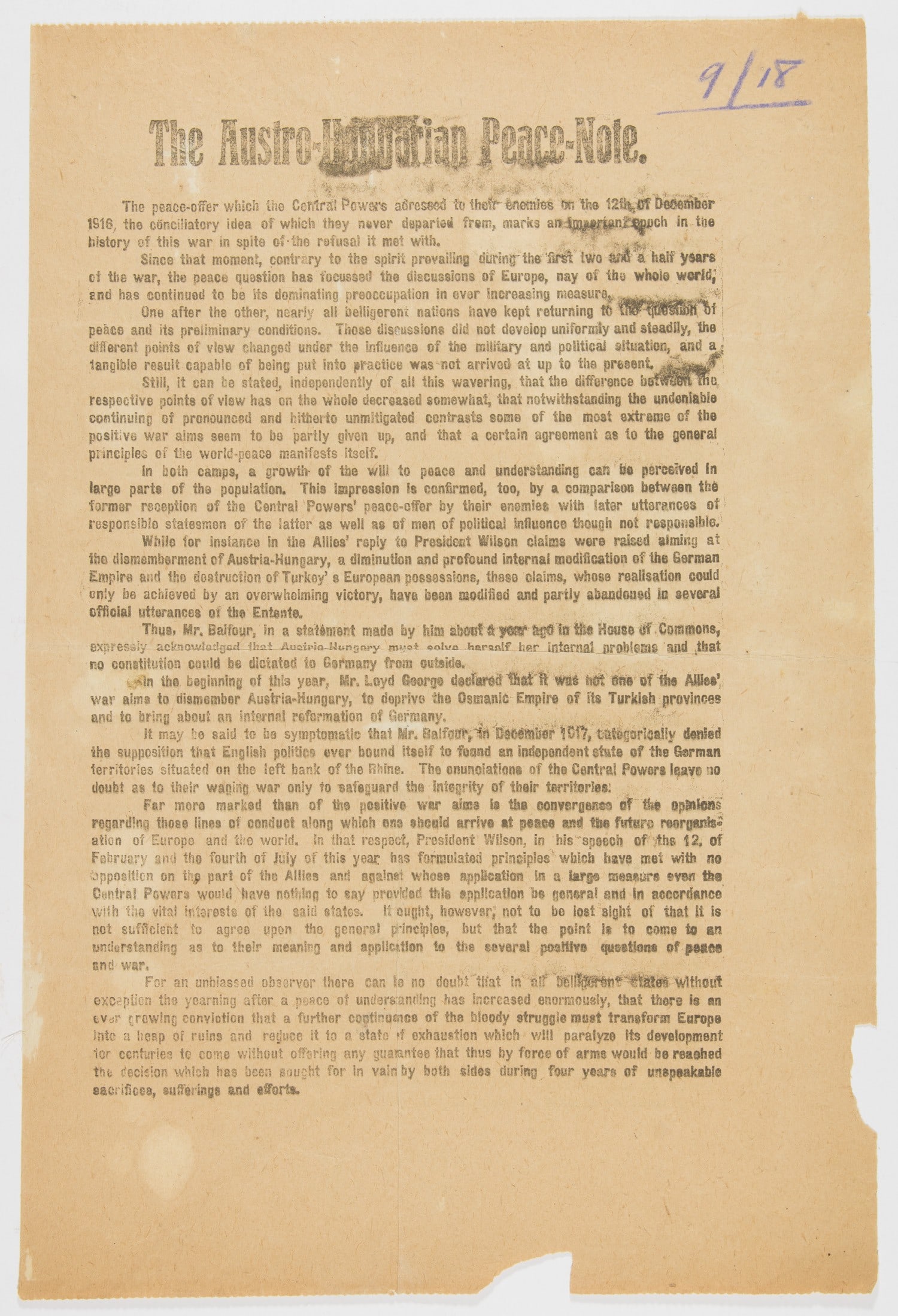 ‘THE AUSTRO-HUNGARIAN PEACE-NOTE’ BROADSIDE (1 of 2)