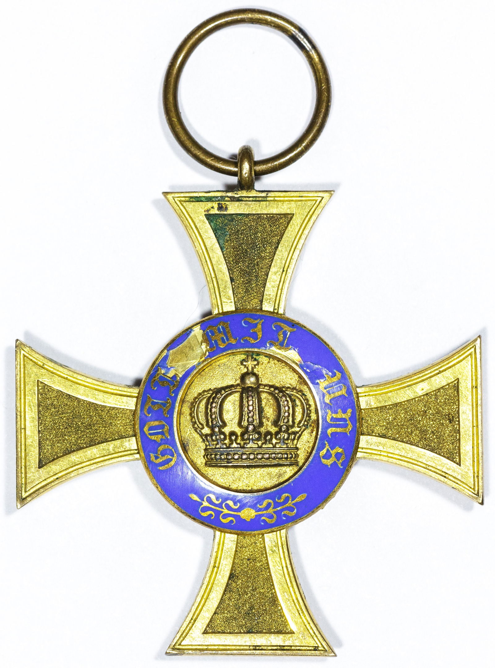 PRUSSIAN ORDER OF THE CROWN, FOURTH CLASS: A rare World War I-era award, a Prussian Order of the Crown, Fourth Class, in the form of a cross pattee, 1.75 in. square. The badge is of three-piece construction, with enameled disks affixed to the