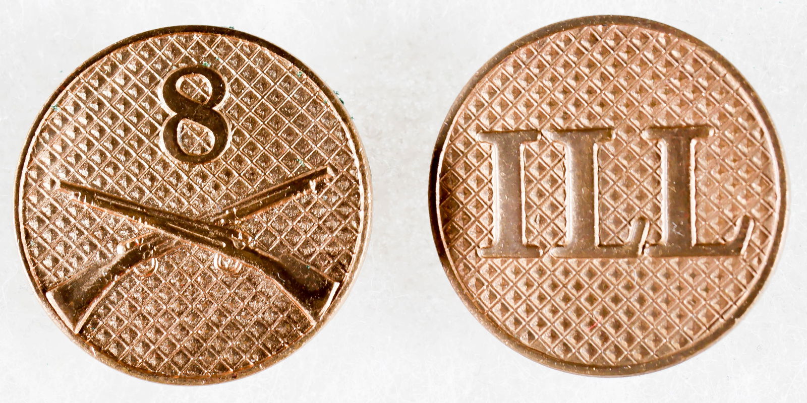 8TH ILLINOIS INFANTRY REGIMENT ‘BLACK DEVILS’ COLLAR DISKS: A fine matched pair of World War I-era infantryman’s uniform collar disks, the first depicting the numeral ‘8’ over crossed rifles and the second bearing the initials