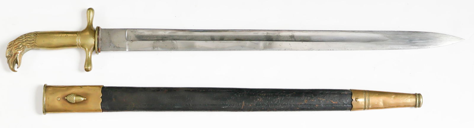 GARDE JAGER HIRSCHFANGER SHORT SWORD BY CLEMEN & JUNG: Imperial German ‘Hirschfanger’-style short sword, 19.5 in. blade, 24.25 in. overall, of the style worn by members of the Regiment Garde du Corps Jagers, the hunters corps of the