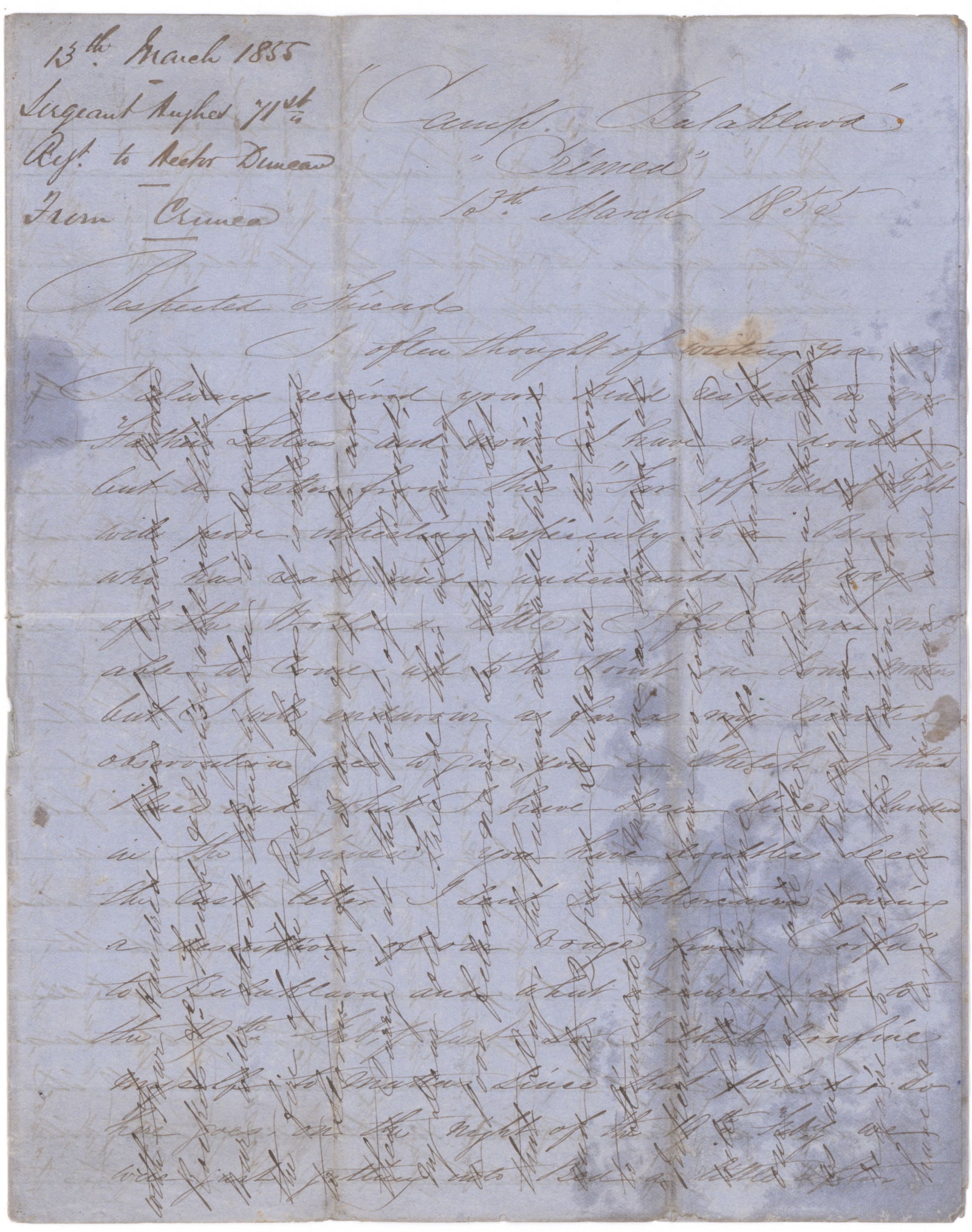 CRIMEAN WAR BRITISH SERGEANT'S LETTER: Ver fine content battle letter written by Sgt. A. Hughes, 71st Regiment, Highland Light Infantry, 8pp. 8vo., 'Camp Balaklava, Crimea', Mar. 13, 1855 to 'Respected friends'. The letter, cross-written