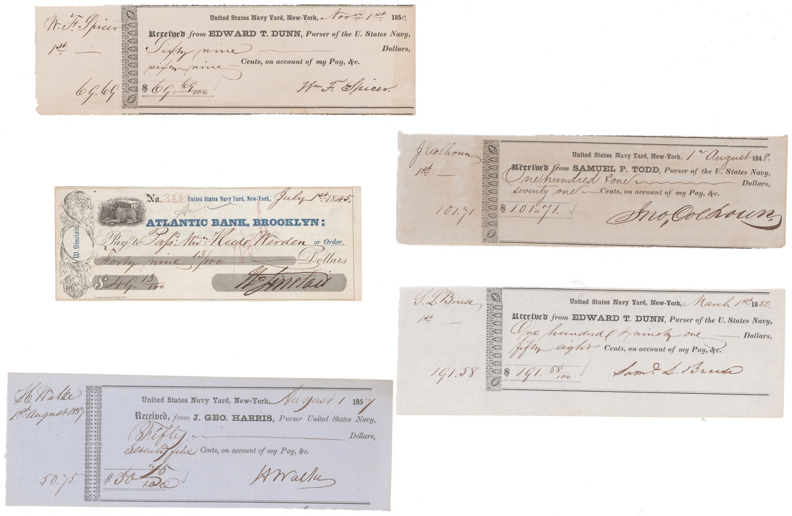 U.S. NAVY FLAG OFFICERS’ PAY RECEIPTS (15): A fine lot of fifteen signed partly-printed pay receipts, each approx. 8 x 3 in., all issued to U.S. Navy flag officers at earlier points in their careers. All are dated between 1844 and 1860, and