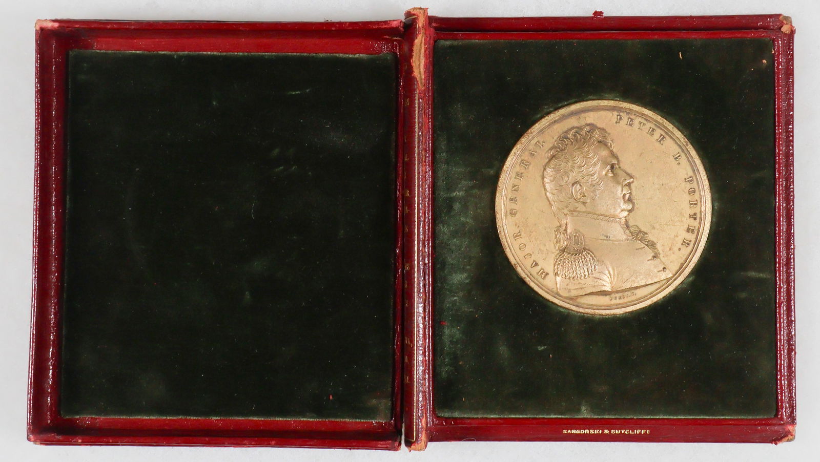 1814 MAJOR PETER B. PORTER MEDAL: 1814 Major General Peter B. Porter Medal. Julian MI-18. Bronzed copper, 65mm, by Moritz Furst. Worn a bit. In custom fitted case by Sangorski & Sutcliffe, a renowned London-based bookbinding firm