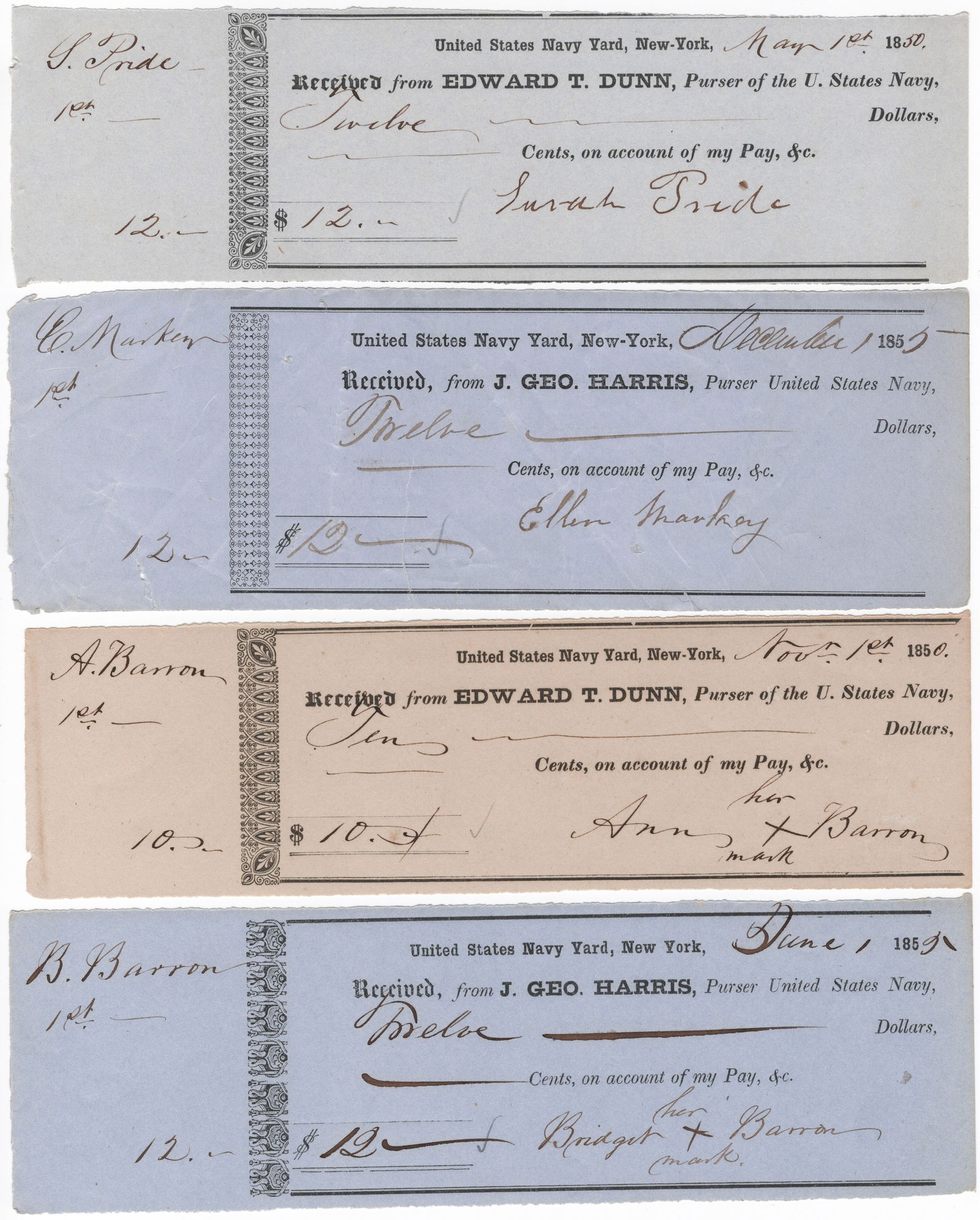 U.S. NAVY PAYCHECKS ISSUED TO WOMEN (4): An intriguing lot of four early U.S. Navy paychecks, each approx. 8 x 3 in., all issued by the U.S. Navy Yard in New York, and all unusually issued to women. The recipients include: Sarah Pride