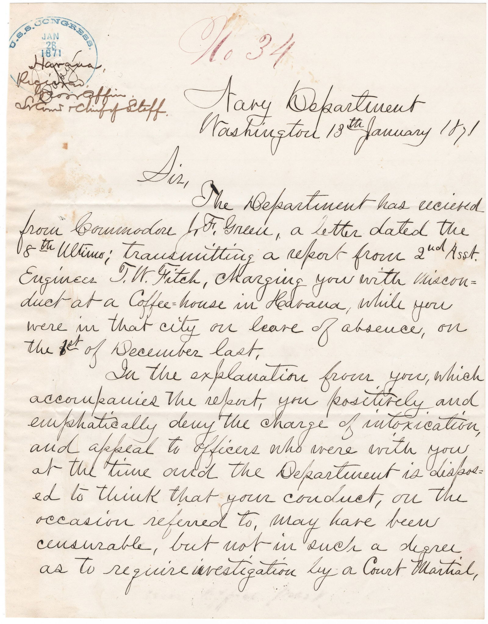 USS AJAX PAYMASTER IS REPRIMANDED FOR DRUNKENNESS: An interesting manuscript letter, 2pp. 4to., Washington, D.C., Jan. 13, 1871, a contemporary copy of an official communication from Secretary of the Navy George M. Robeson to Enos E. Lewis, paymaster