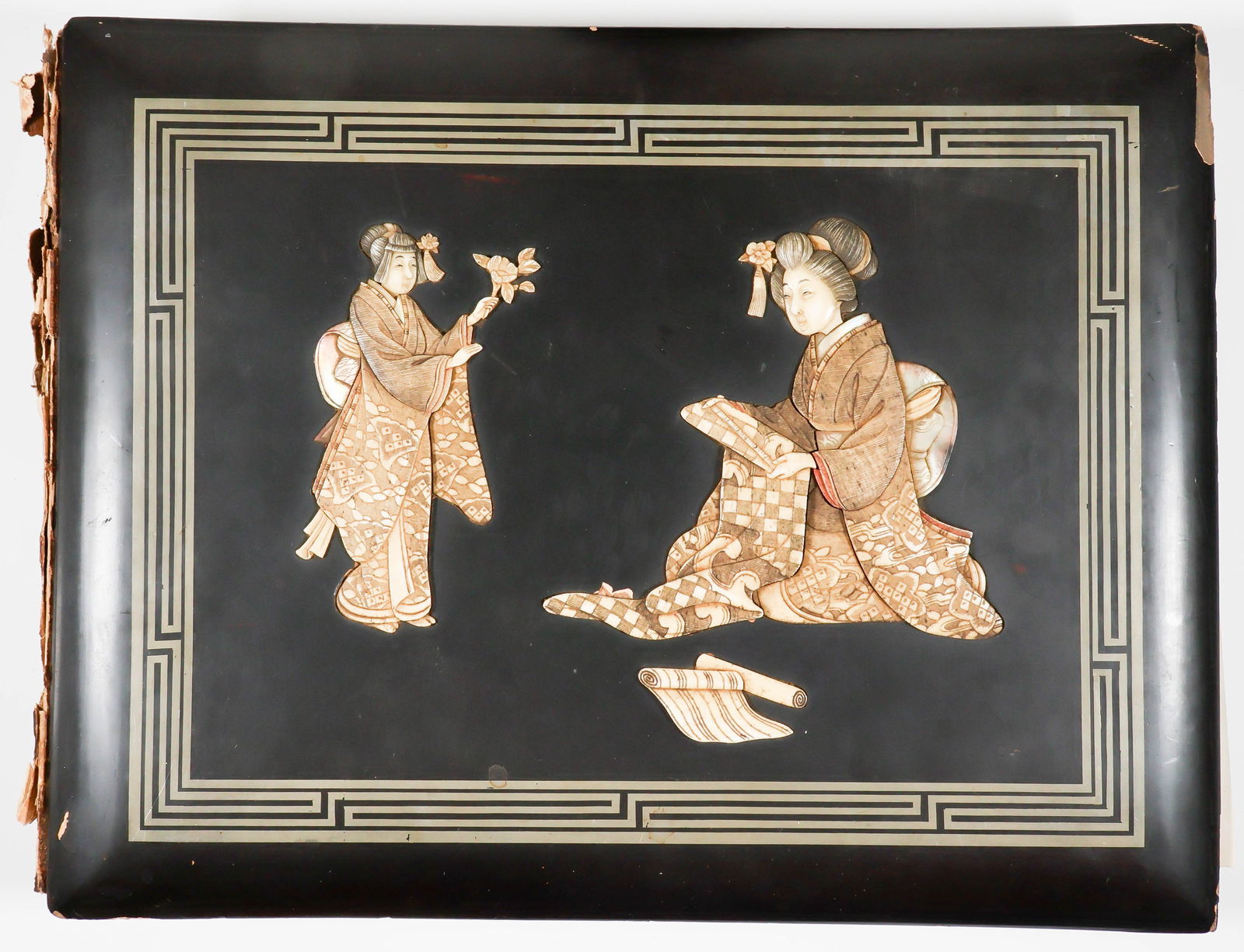 ORIGINAL PHOTOGRAPHS OF SAILOR ON THE FURST BISMARCK, 1900-1906: A heavy photograph album, 14 in. x 10.5 in., hardbound with ivory inlays of two Japanese women in traditional dress on the cover, containing within a collection of images from a sailor in the