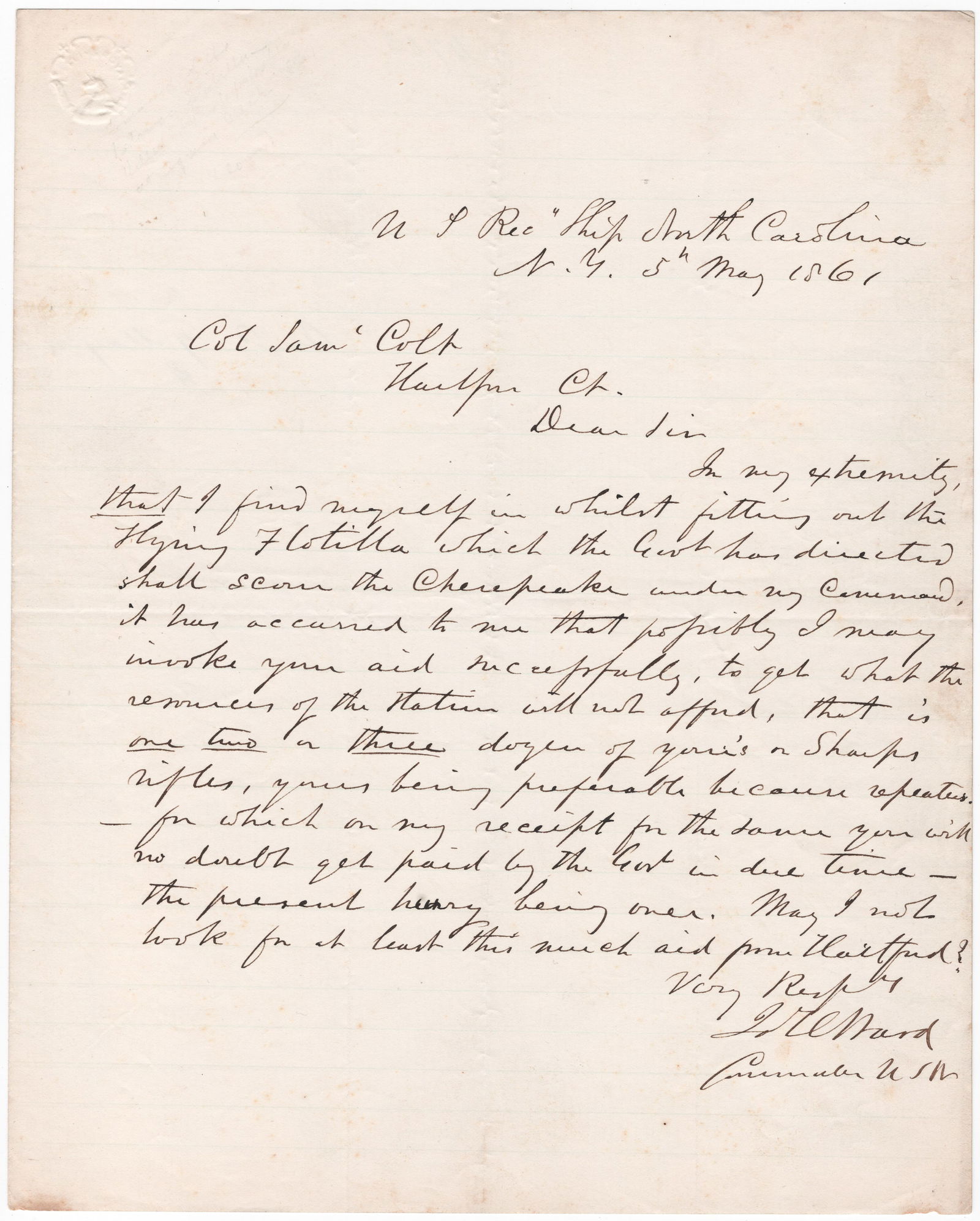 (UNION NAVY) JAMES H. WARD REQUESTS REPEATING RIFLES FROM SAMUEL COLT (1 of 2)