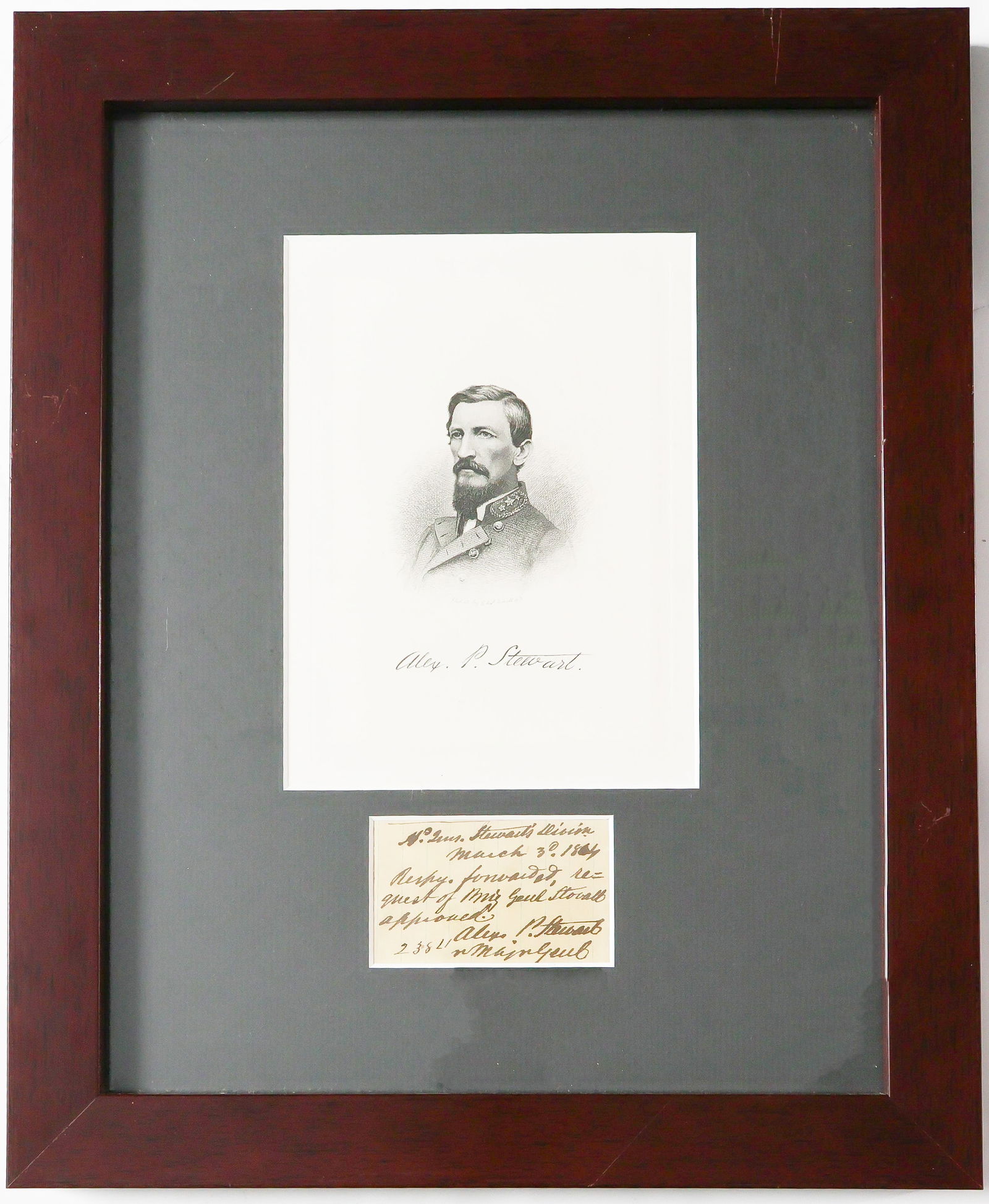 ALEXANDER P. STEWART: (1821 - 1908) Confederate major general who commanded at Shiloh, Chickamauga, and Atlanta, and replaced Polk after that general's death. War-date A.E.S. signed twice on a 3.5 x 2.25 in. sheet, in