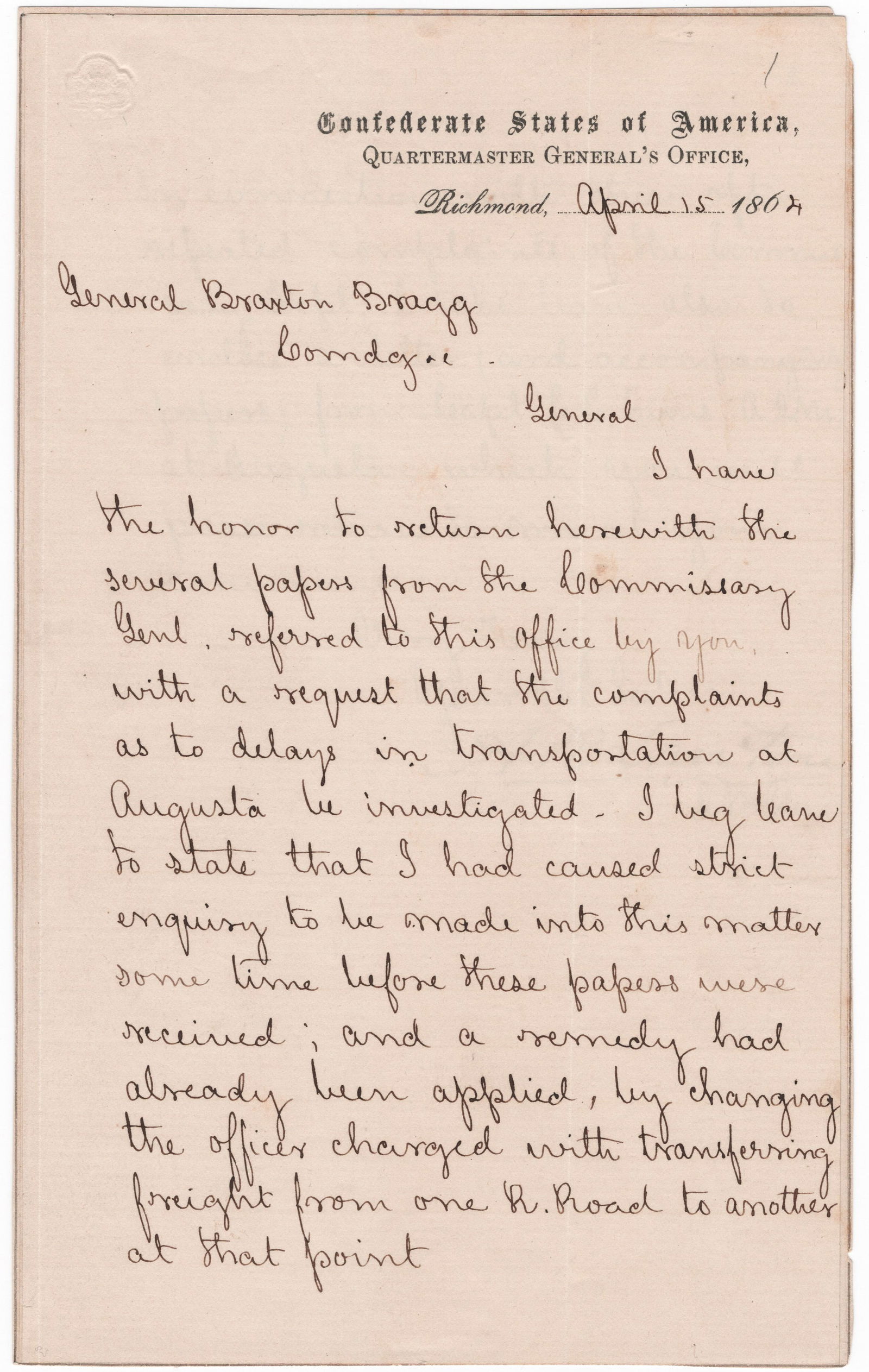 ALEXANDER R. LAWTON: (1818 - 1896) Confederate brigadier general who led with distinction at Cedar Mountain, Second Bull Run, and Antietam, where he was severely wounded. Fine association, war-date manuscript L.S., 2pp.