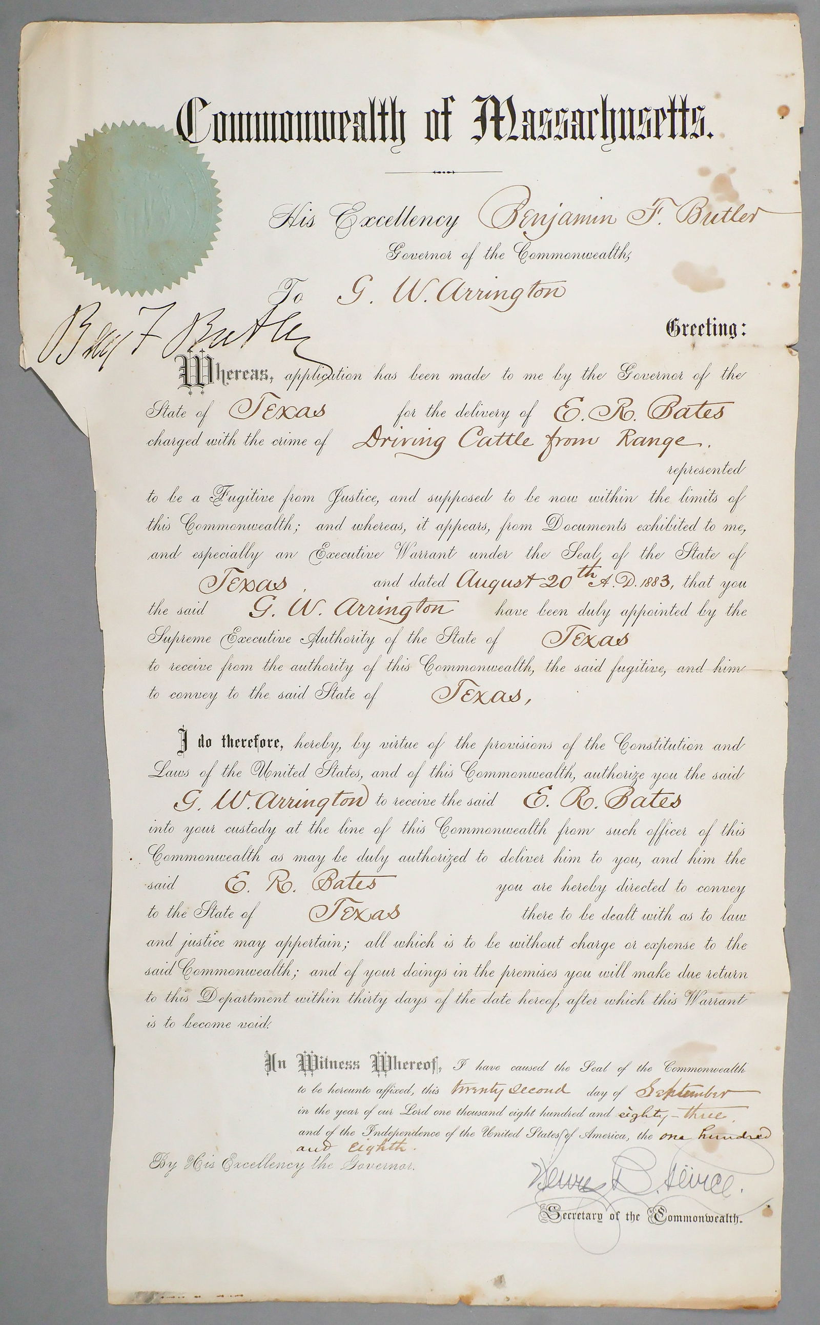 BENJAMIN F. BUTLER: (1818-1893) Union major general, called ‘The Beast’ for his authoritarian control of occupied New Orleans. Later in the war, he commanded the Army of the James. Partly-printed D.S. as