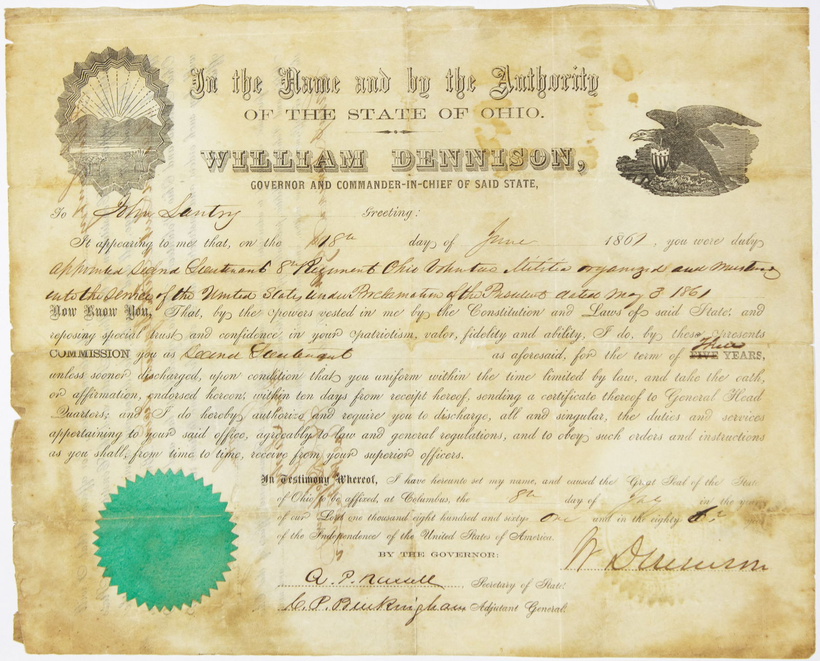 CATHARINUS P. BUCKINGHAM: (1808 – 1888) Union brigadier general, the main assistant to the U.S. Secretary of War, Edwin M. Stanton. Scarce war-date partly-printed D.S. ‘C. P. Buckingham’, 1p. oblong sm. folio