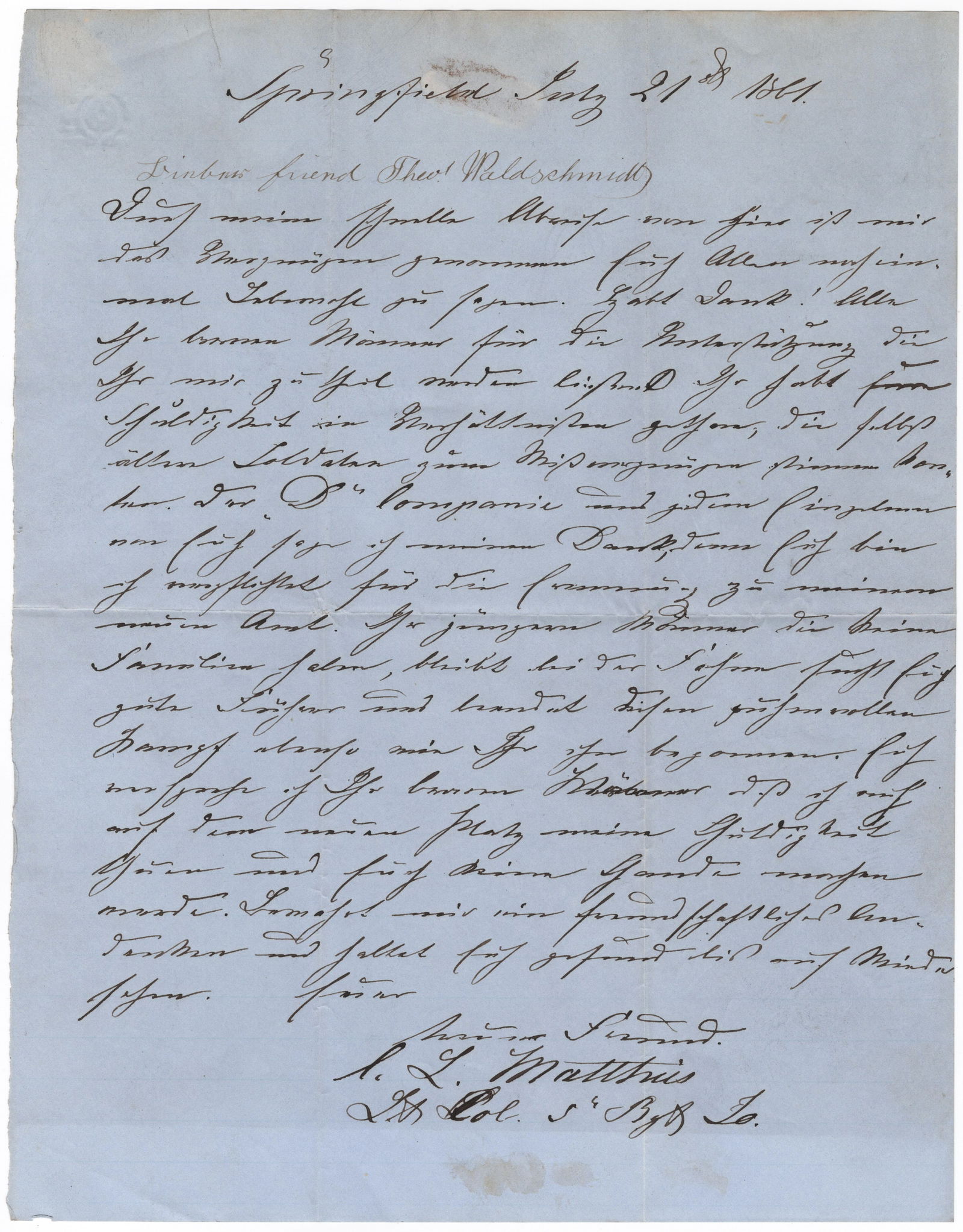CHARLES (KARL) L. MATTHIES: (1824-1868) Prussian soldier and revolutionary who served as a Union Army brigadier general commanding Iowa volunteers. Saw action at Island Number 10, Iuka and Corinth, before receiving his promotion