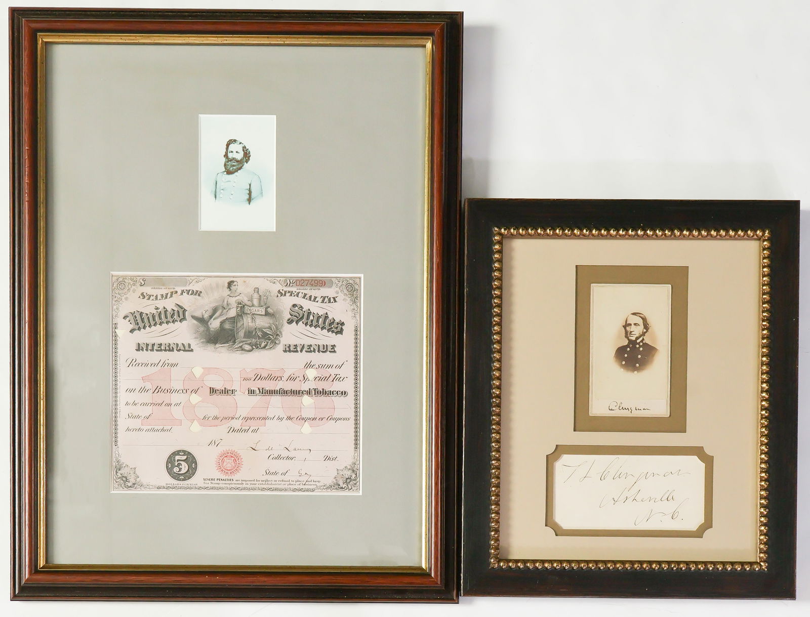 CONFEDERATE GENERALS (2): Pair of items signed by Confederate generals, includes: THOMAS L. CLINGMAN (1812-1897), signature on a card adding: 'Asheville, N.C.', with LUNSFORD (1835-1913), a partly-printed Internal Revenue