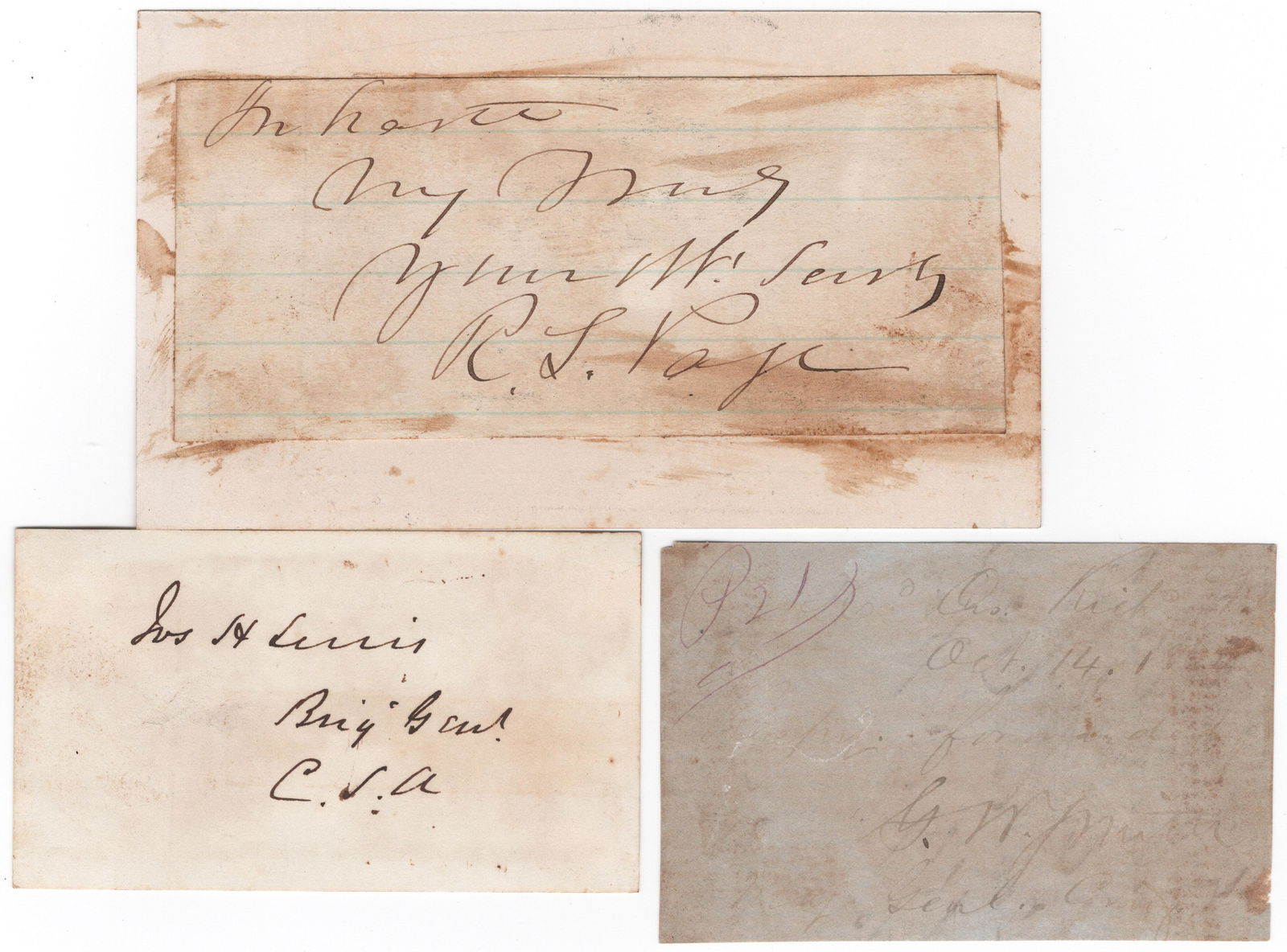 CONFEDERATE GENERALS (3): Good lot of three items signed by Confederate generals, includes: RICHARD LUCIAN PAGE (1807-1901) Confederate brigadier general who was a career naval office prior to the war. Most noted as the