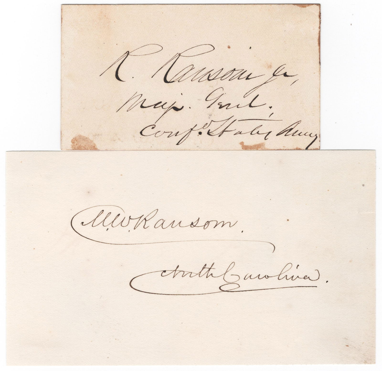 CONFEDERATE GENERALS ROBERT AND MATTHEW RANSOM (2): Good pair of items signed by brothers and fellow Confederate generals Robert and Matthew Ransom, includes: ROBERT RANSOM JR. (1828-1892) Confederate major general who fought at Antietam and