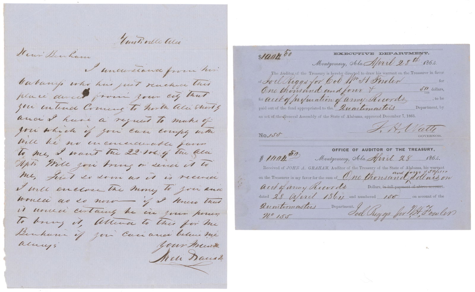 CONFEDERATE POLITICIANS OF ALABAMA (14): A fine lot of fourteen items signed by Confederate politicians representing the state of Alabama, includes: JOHN GILL SHORTER (1818-1872) Civil War Governor of Alabama from 1861-2, defeated by Thomas