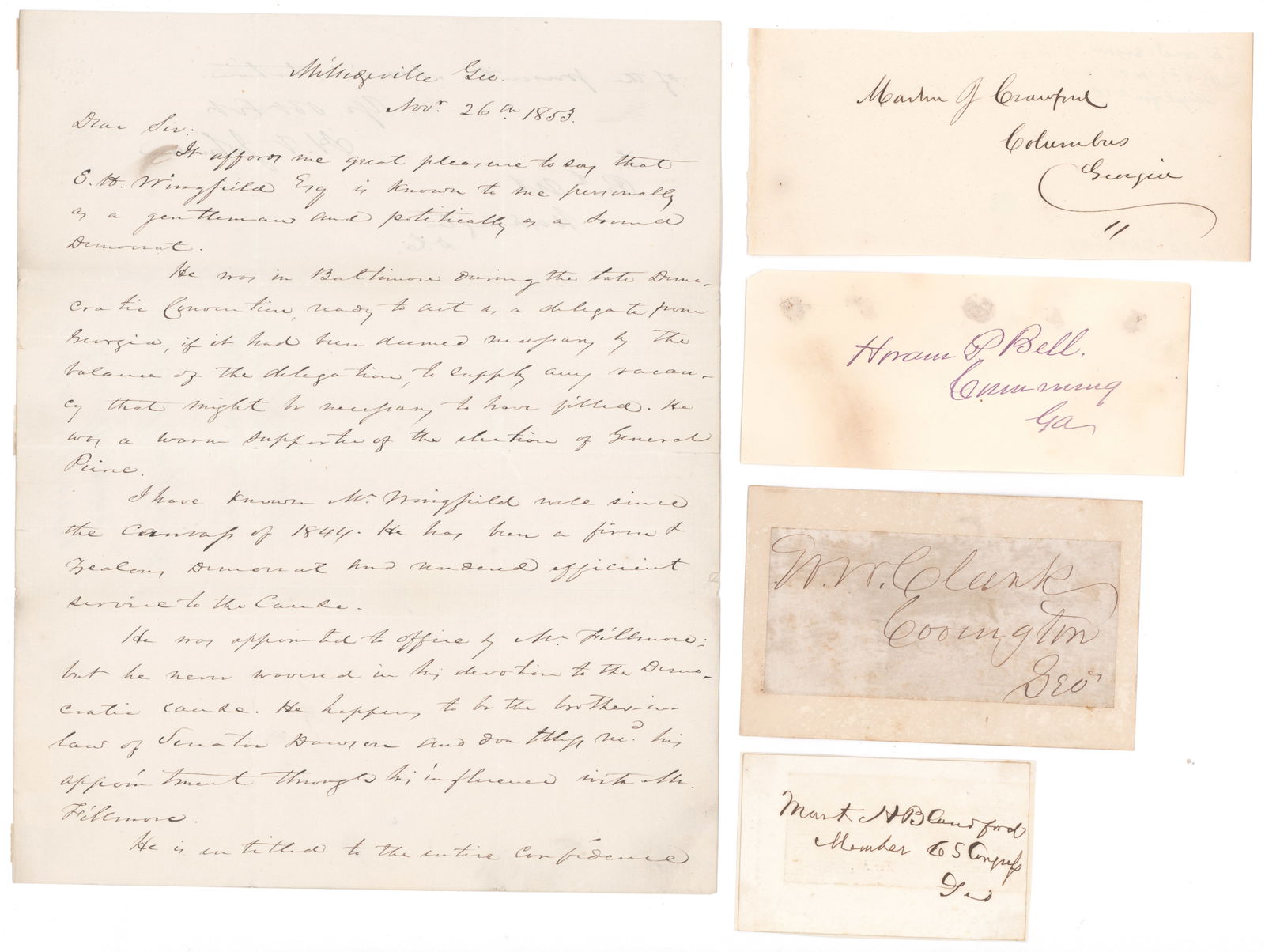 CONFEDERATE POLITICIANS OF GEORGIA (11): A fine lot of eleven items signed by Confederate politicians representing the state of Georgia, includes: HERSCHEL VESPASIAN JOHNSON (1812-1880) Delegate to the Georgia secession convention and pro-pe
