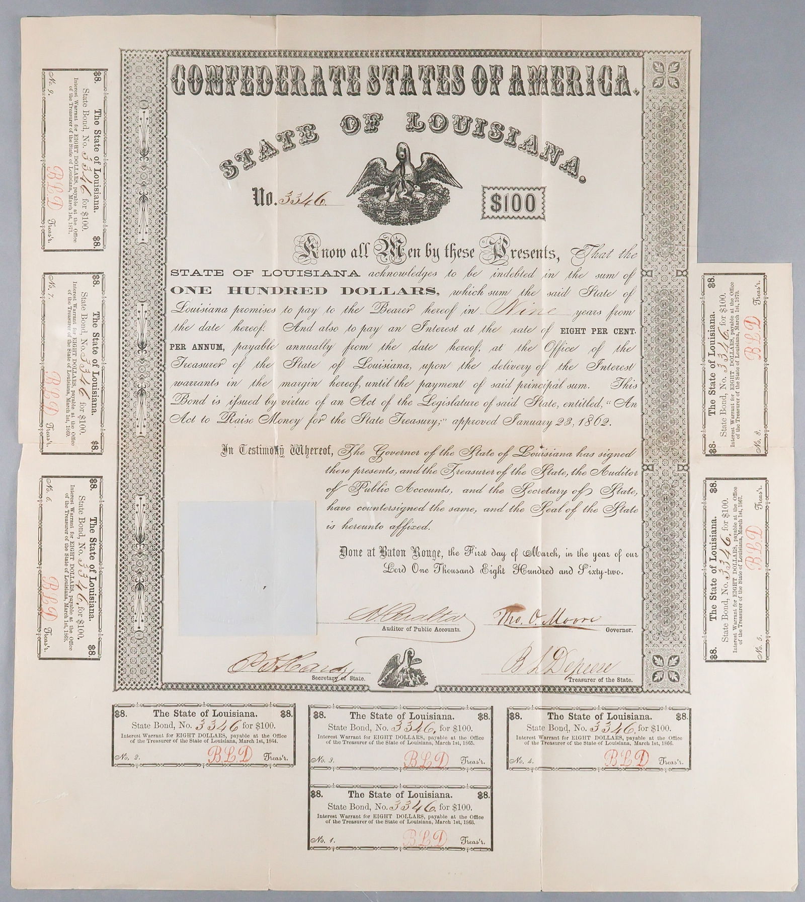 CONFEDERATE POLITICIANS OF LOUISIANA (4): A fine lot of four items signed by Confederate politicians representing the state of Louisiana, includes: THOMAS O. MOORE (1804 – 1876) 16th Governor of Louisiana from 1860 until 1864