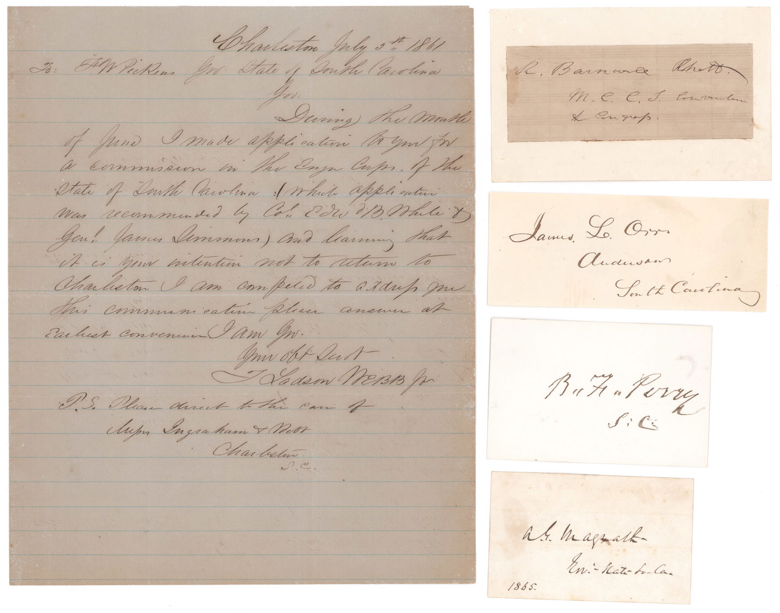 CONFEDERATE POLITICIANS OF SOUTH CAROLINA (11): A fine lot of eleven items signed by Confederate politicians representing the state of South Carolina, includes: FRANCIS W. PICKENS (1805 - 1869) Confederate Governor of South Carolina who ordered