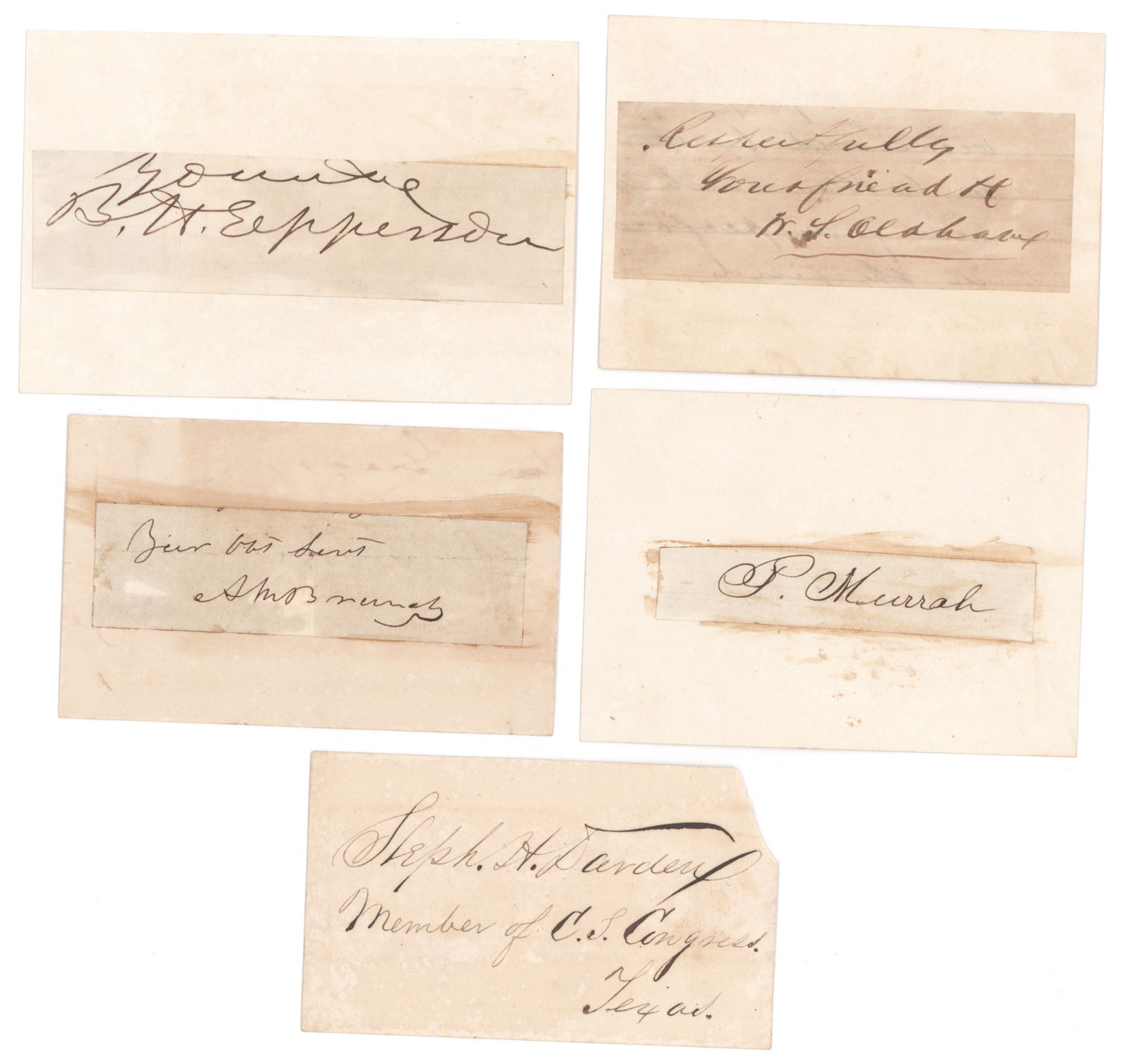 CONFEDERATE POLITICIANS OF TEXAS (5): A fine lot of five items signed by Confederate politicians representing the state of Texas, includes: PENDLETON MURRAH (1824-1865) Tenth governor of Texas from 1863-1865, emphatically supported the