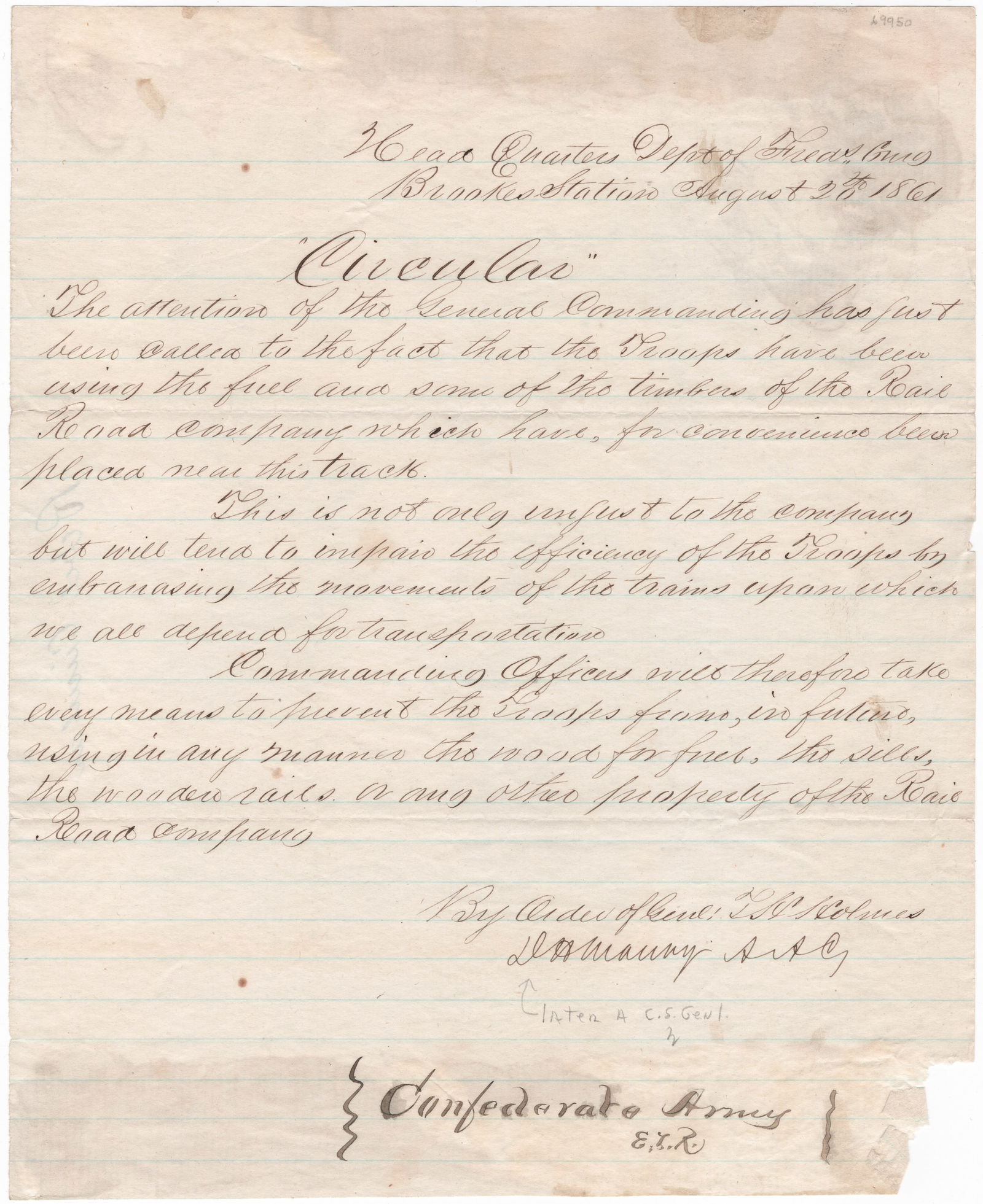 DABNEY H. MAURY: (1822-1900) Confederate major general who fought at Pea Ridge and later served with the Army of the West at Iuka and Corinth. Interesting content war-date manuscript D.S. ‘D H Maury’, 1p.