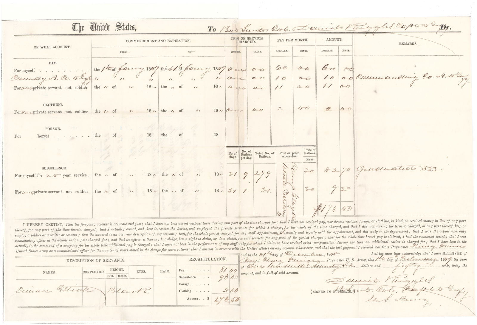 DANIEL RUGGLES: (1810 - 1897) Confederate brigadier general who led a corps at Shiloh, later serving under Bragg, Van Dorn, and Joseph E. Johnston. Partly-printed D.S., 1p. oblong folio, [n.p.], Feb. 1, 1859, a pay