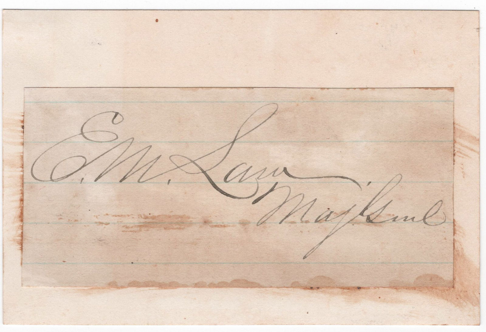 EVANDER M. LAW: (1836 - 1920) Confederate major general, severely wounded at First Bull Run, served with distinction at Chickamauga and Gettysburg. Bold signature ‘E. M. Law’ in black ink on a 3.5 x 1.5 i