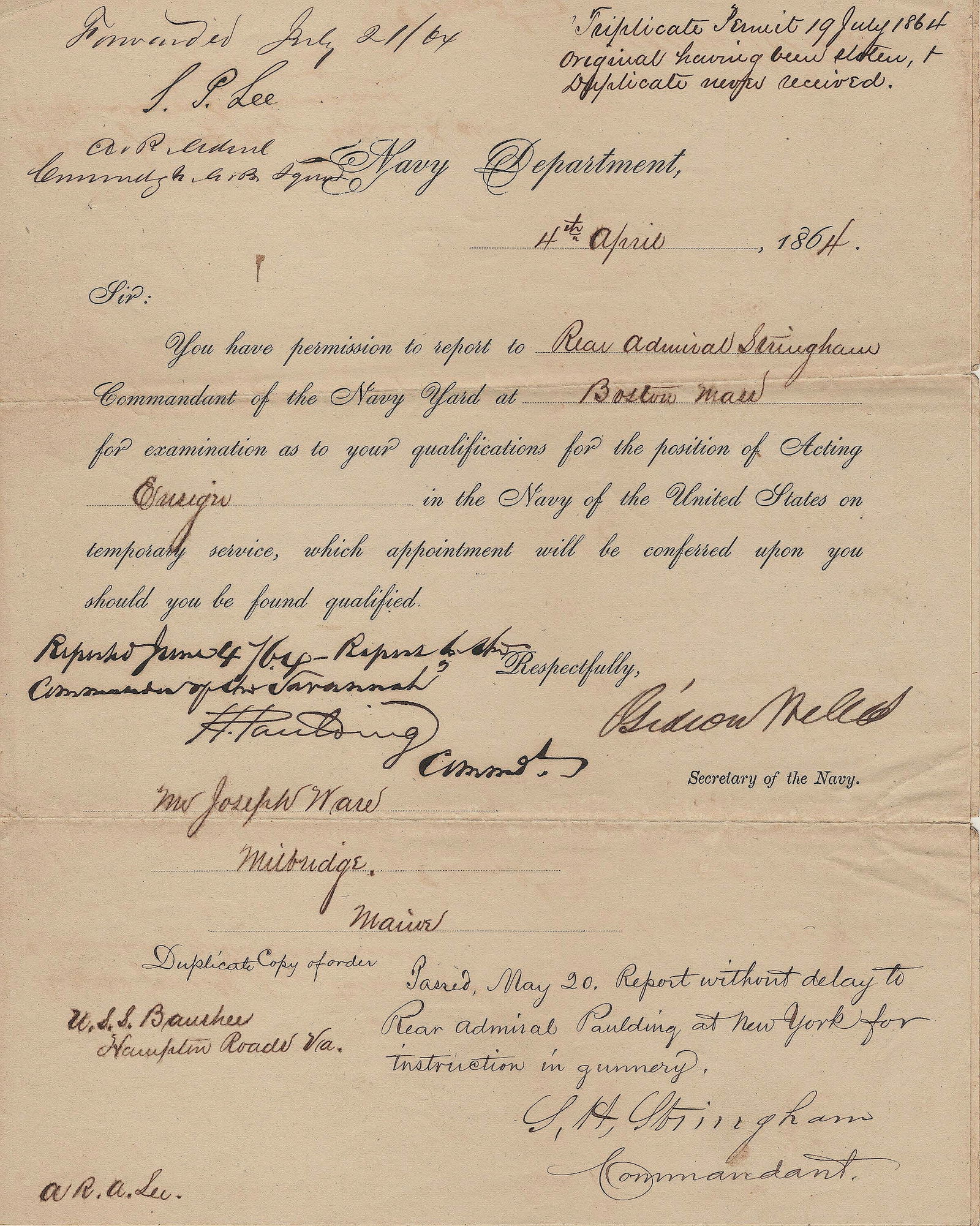 FOUR UNION ADMIRALS: War-date, partly-printed D.S. of GIDEON WELLES (1802-1878) Lincoln's Secretary of the Navy who proposed the blockage of Southern ports and the construction of the ironclad fleet, 1p. 4to., ‘Navy