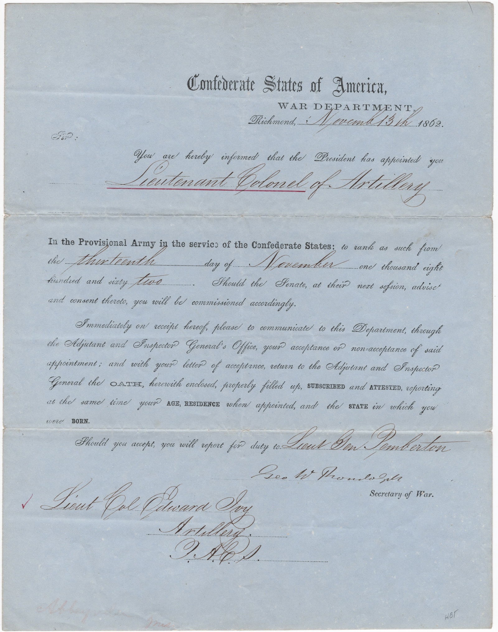 GEORGE W. RANDOLPH: (1818-1867) Confederate brigadier general who later served as Secretary of War, holding the position only eight months due to his many disputes with President Jefferson Davis. Grandson of
