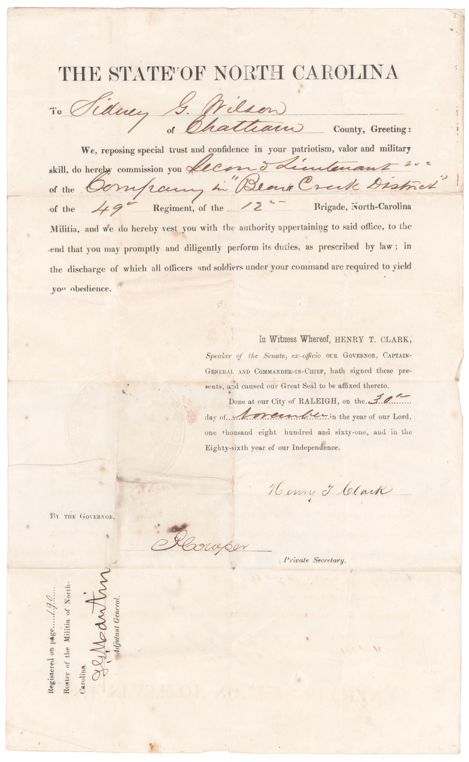 HENRY T. CLARK: (1808-1874) 36th Governor of North Carolina from 1861 to 1862. As the leader of the state in that formative period, he mobilized thousands of soldiers for the Southern cause, established the only