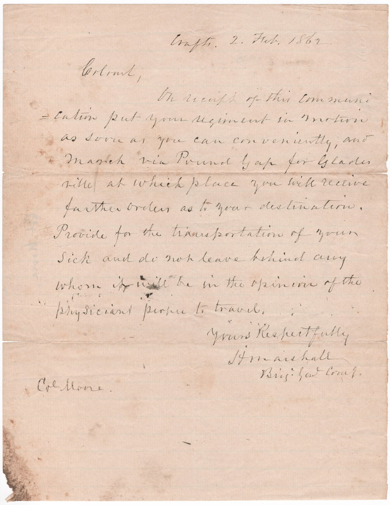 HUMPHREY MARSHALL: (1812-1872) Confederate brigadier general who served in western Virginia and in Kentucky under Bragg, later Confederate congressman for Kentucky. Good military content, war-date A.L.S., 1p. 4to., [pla
