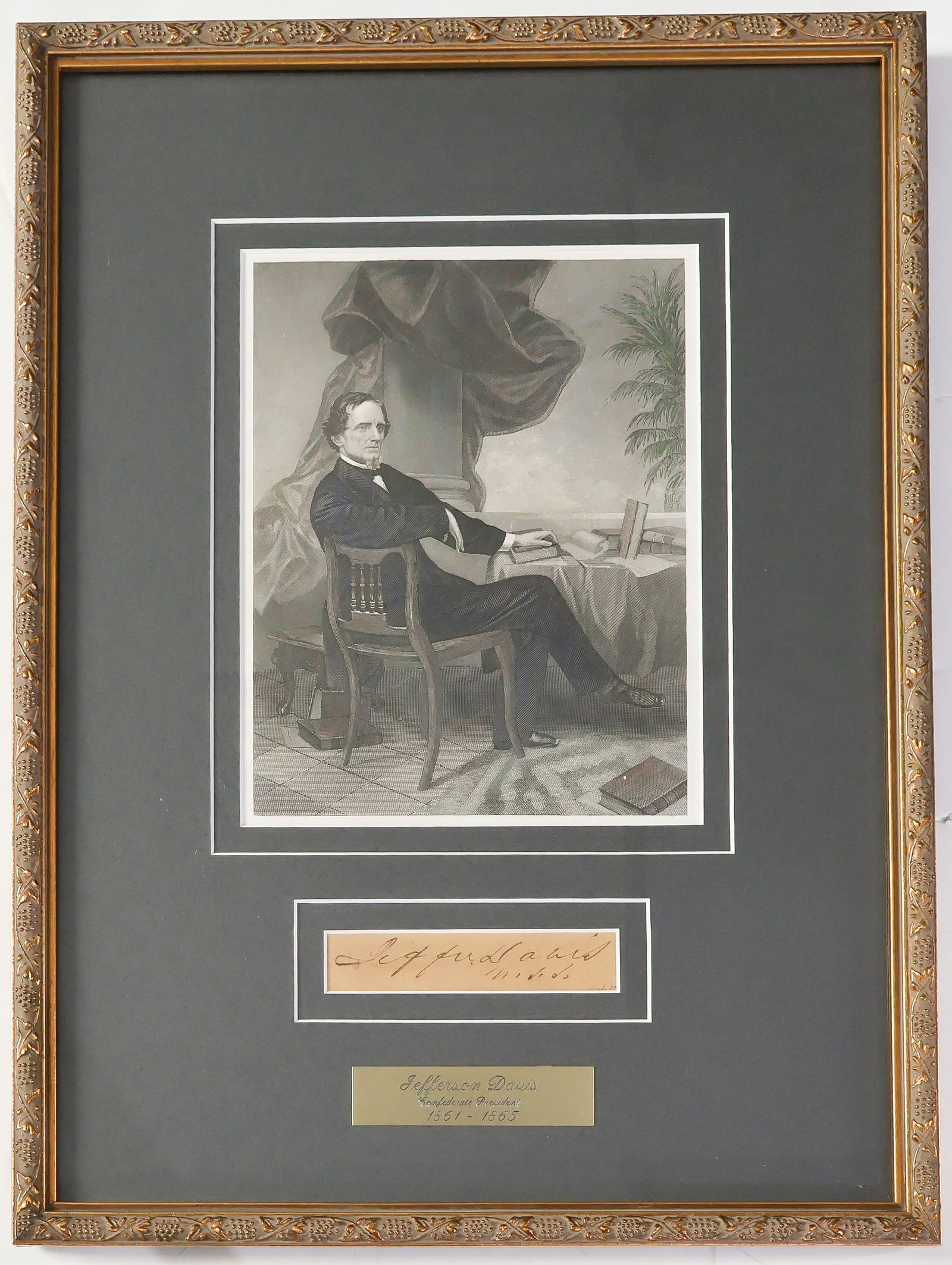 JEFFERSON DAVIS: (1808 - 1889), President of the Confederacy who led his armies beyond the surrender at Appomattox. Signature as U.S. Senator: 'Jeffn. Davis U.S.S.' narrowly cut from an envelope or document, toned a b