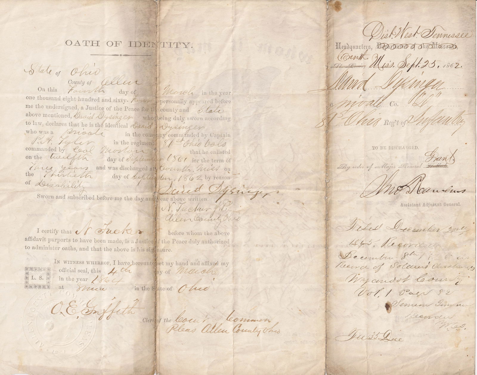 JOHN A. RAWLINS: (1831-1869) Union brigadier general and Grant's staff officer and principal advisor, he rose through the ranks with Grant and eventually became his Secretary of War. War-date signed endorsement on a p