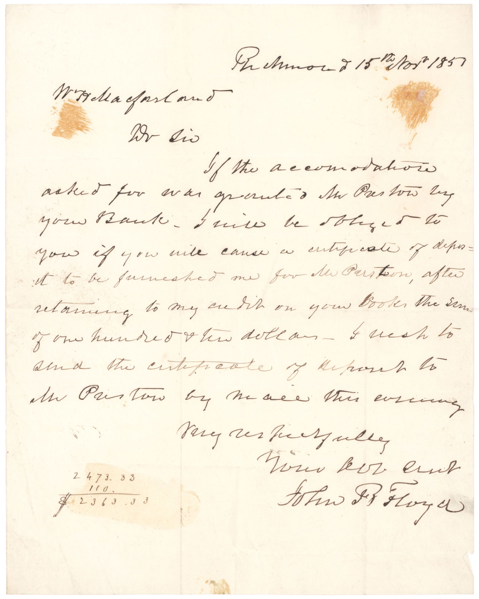 JOHN B. FLOYD: (1806 - 1863) Confederate Secretary of War and brigadier general who transferred arms to the South prior to the war, later fled Ft. Donelson prior to the battle there. A.L.S., 1p. 4to., Richmond,