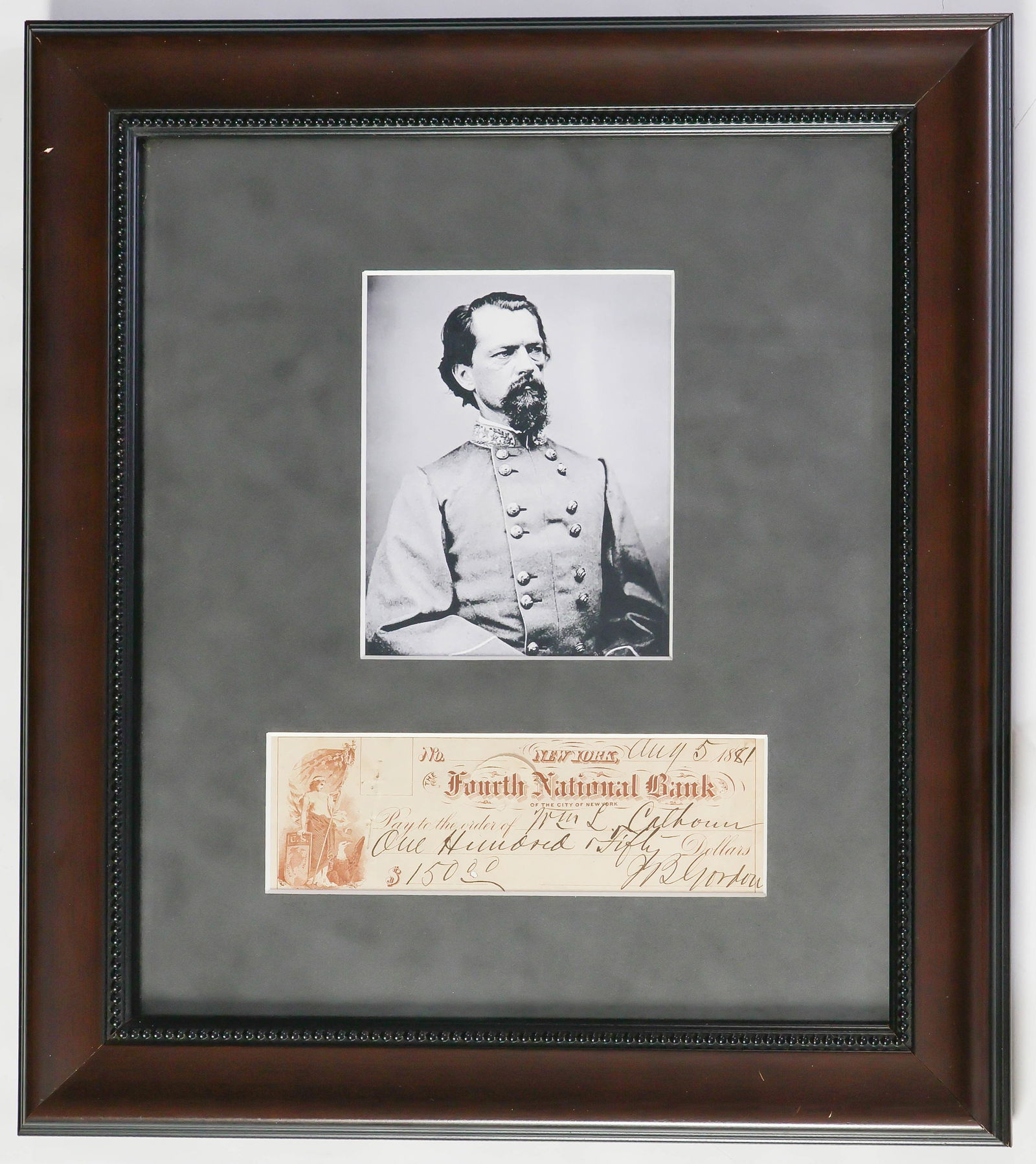 JOHN B. GORDON: (1832 - 1904) Confederate major general who led a brigade at Chancellorsville and Gettysburg, and crushed Grant's line at the Wilderness. A.D.S. 1p. 12mo., New York, Aug. 5, 1881, a check drawn on the