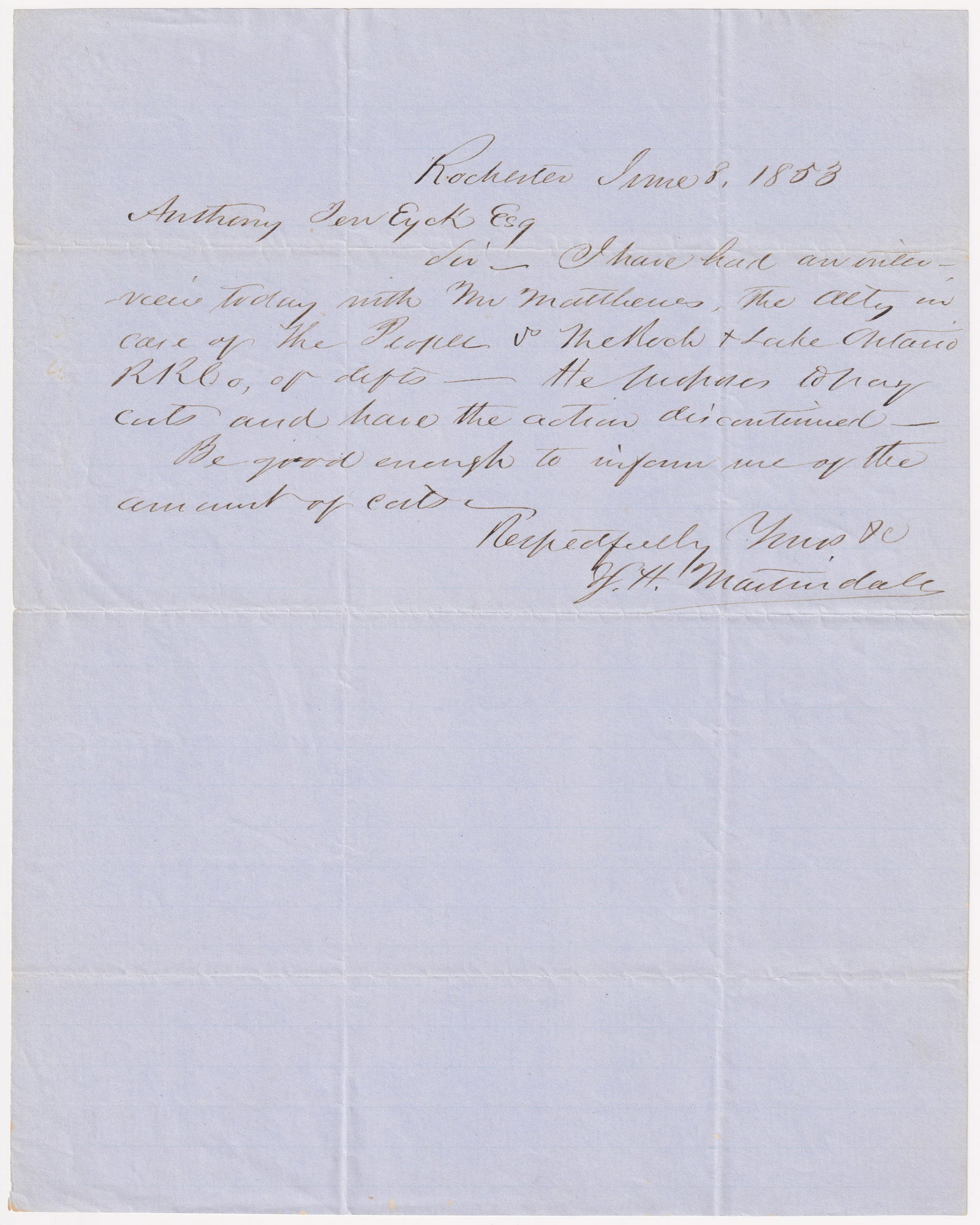 JOHN H. MARTINDALE: (1815 - 1881) Union brigadier general who commanded forces at Malvern Hill, Cold Harbor and Petersburg until resigning due to poor health caused by typhoid fever. A.L.S., 1p. 4to., Rochester, June 8,