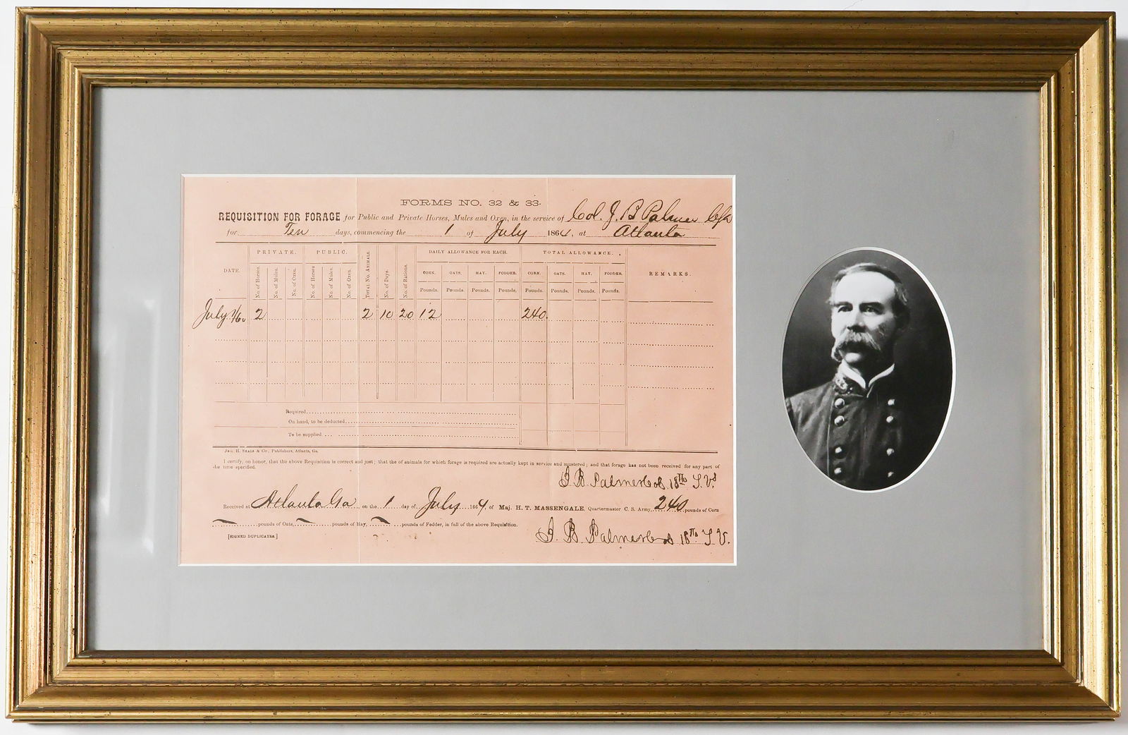 JOSEPH B. PALMER: (1825 - 1890) Confederate brigadier general who was captured at Fort Donelson, wounded multiple times, fought in the Atlanta and Carolinas Campaigns. War-date, partly printed D.S. signed twice 'J. B.