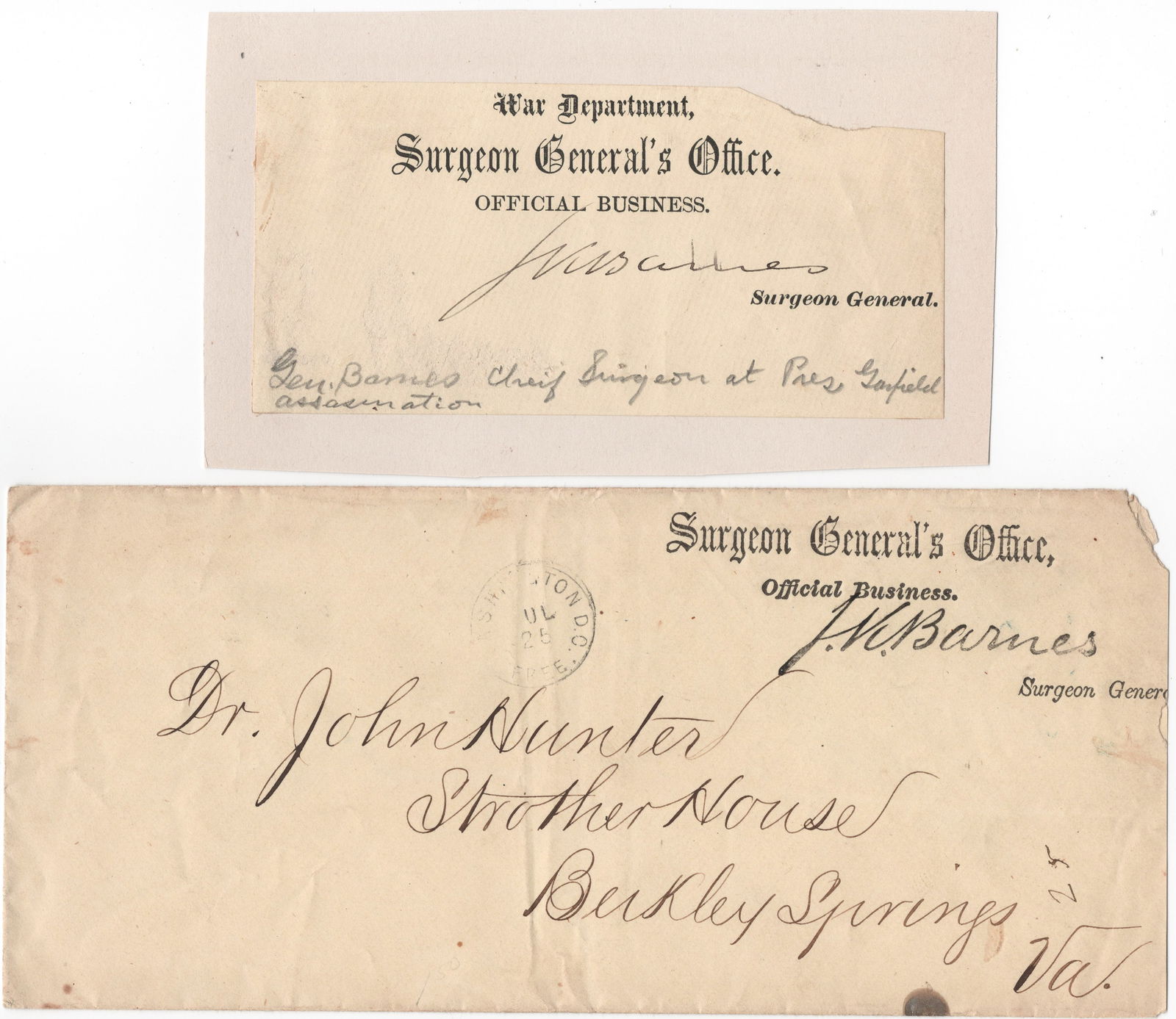 JOSEPH K. BARNES: (1817 - 1883) Union brigadier general and U.S. Surgeon General who was present at the deathbeds of Presidents Lincoln and Garfield. Bold signature ‘Jos Barnes’ in black ink above his