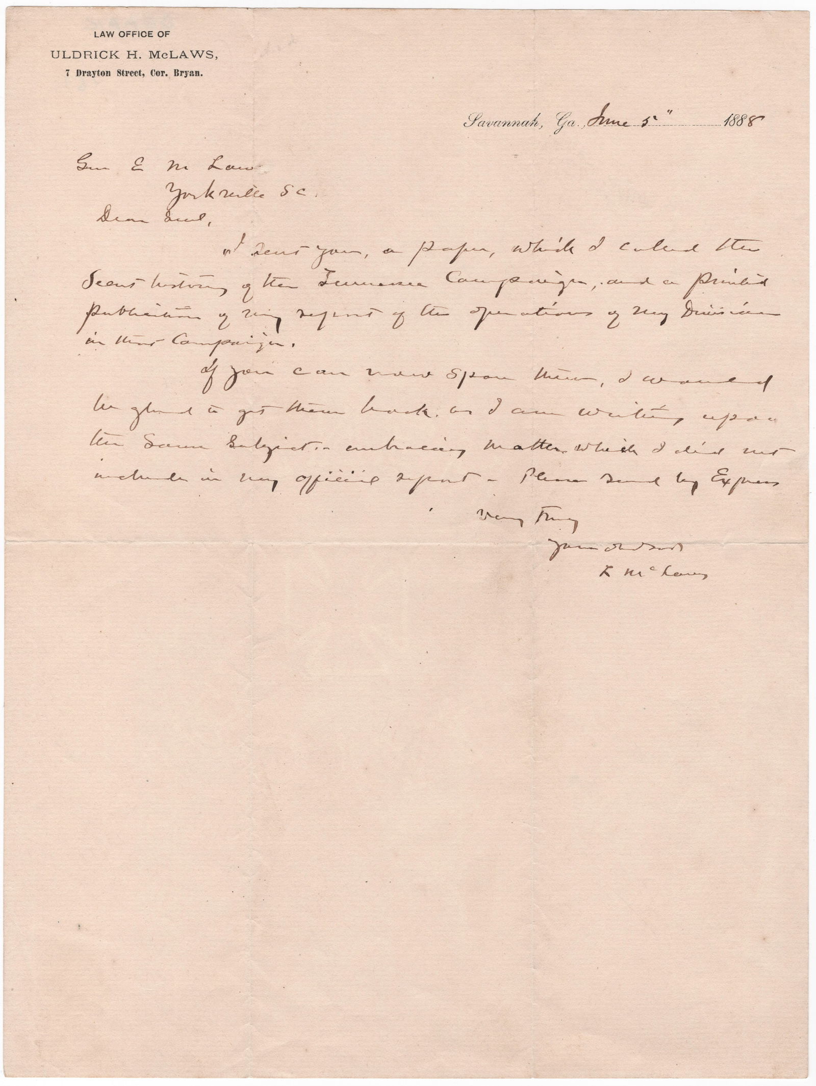 LAFAYETTE MCLAWS: (1821-1897) Confederate major general who fought with Jackson at Harper's Ferry, defended Marye's Heights, and led at the Peach Orchard and Devil's Den at Gettysburg. Scarce A.L.S. with good