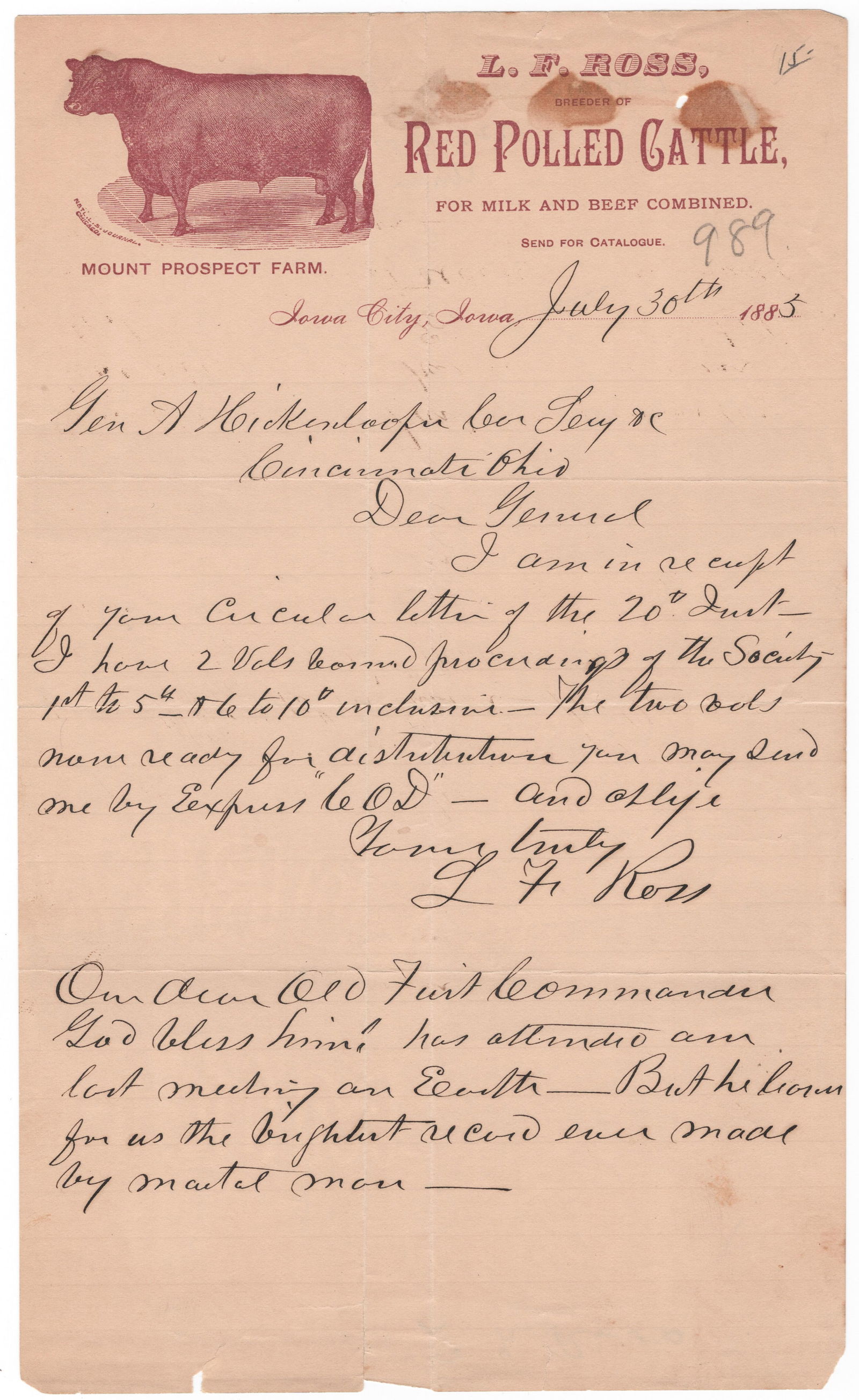 LEONARD F. ROSS: (1823-1901) Union brigadier general who participated in the siege of Corinth and commanded infantry forces in the Yazoo Expedition. Good association and content A.L.S., ‘L F Ross’ on his