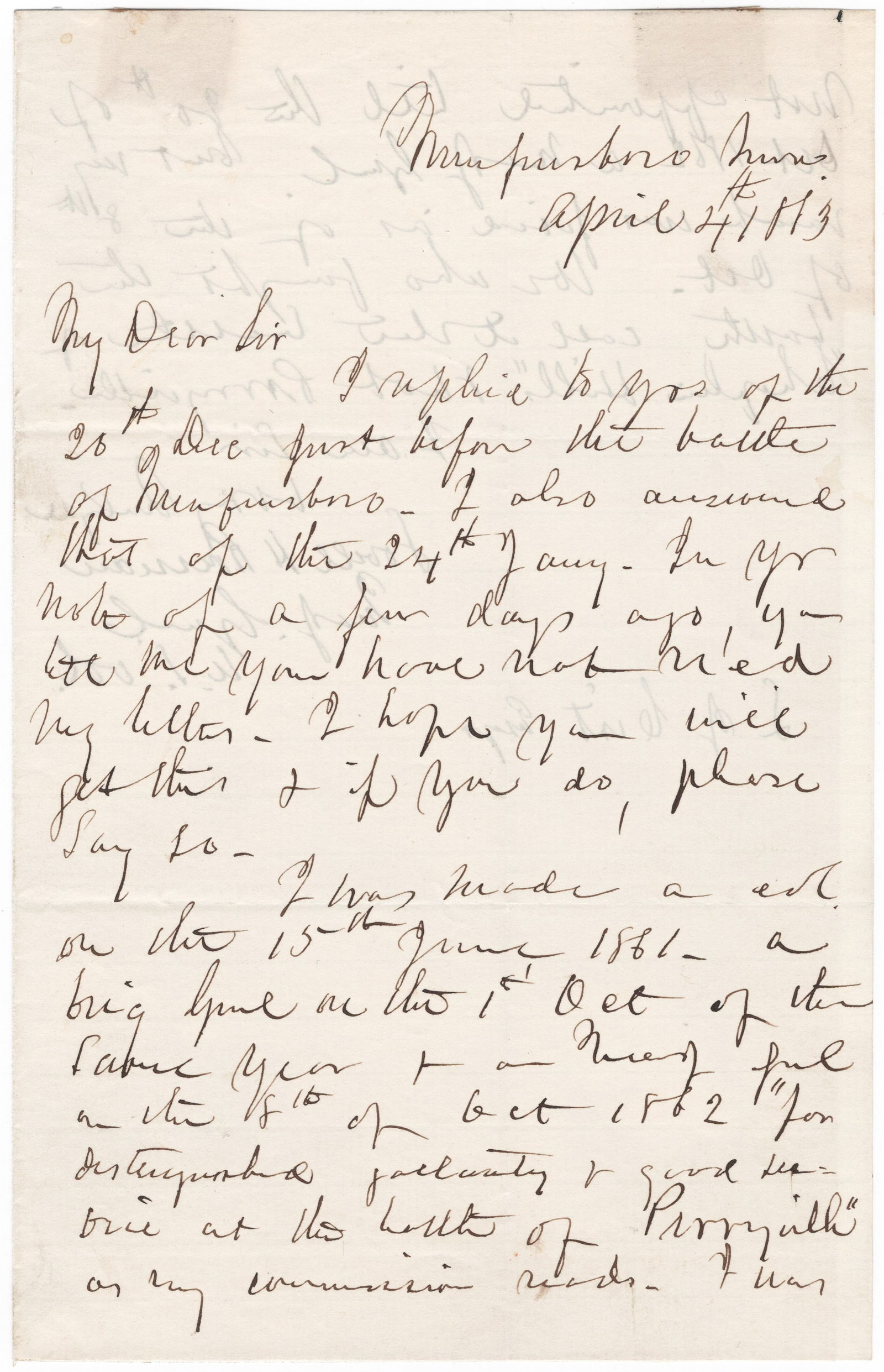 LOVELL H. ROUSSEAU: (1818 - 1869) Union major general at Shiloh and Perryville, he headed the District of Nashville when Hood led his disastrous attack. Fine content war-date A.L.S., 2pp. 8vo., Murfreesboro, April 4, 186