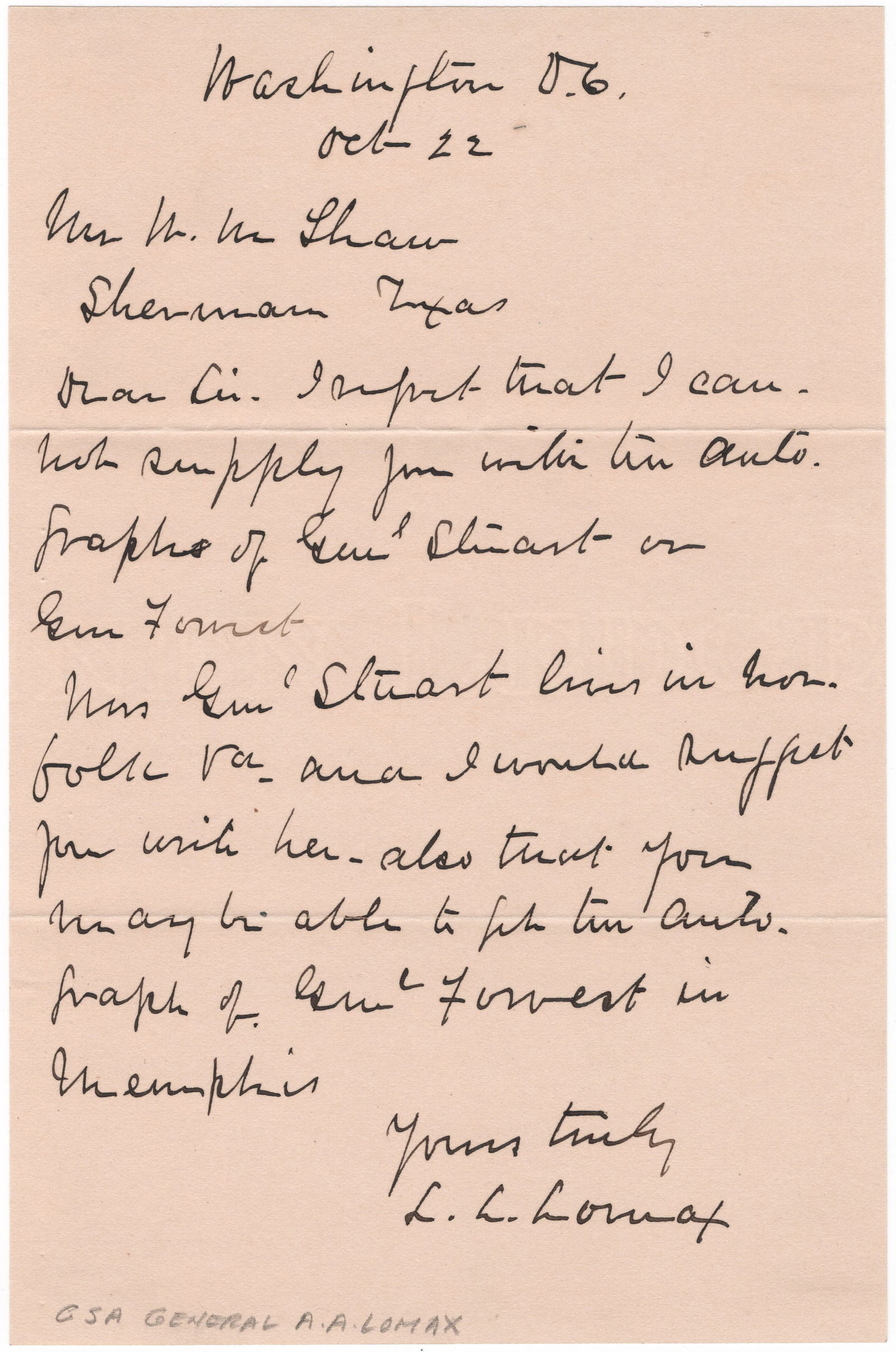 LUNSFORD LINDSAY LOMAX: (1835 – 1913) Confederate major general, maintained a close friendship with his West Point classmate Fitzhugh Lee, and served under him as a brigadier in the Overland Campaign. He was then