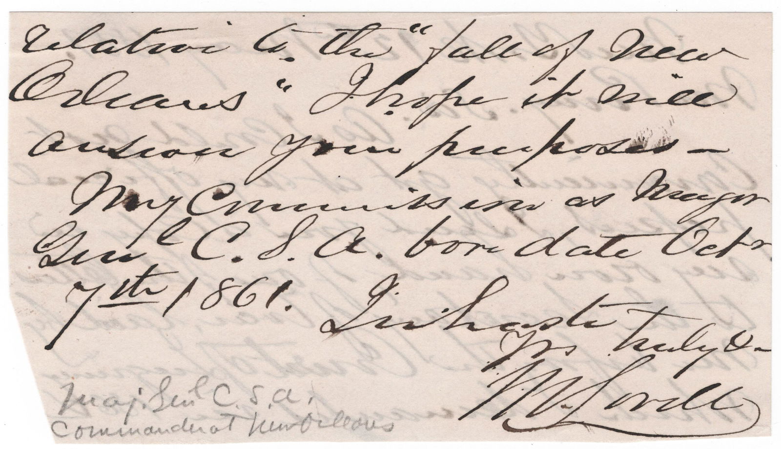 MANSFIELD LOVELL: (1822-1884) Confederate major general who was forced to cede New Orleans to superior Union forces. Later served at Corinth. Good content A.L.S., 2pp. small oblong 12mo., New York, May 12, 1881, to a M