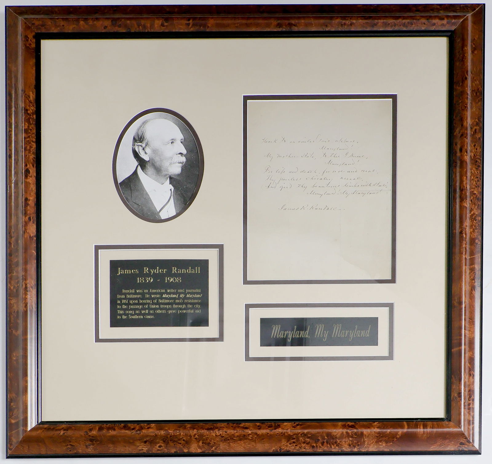 'MARYLAND, MY MARYLAND!': JAMES R. RANDALL (1839-1908) American poet and journalist, best known as the author of 'Maryland, My Maryland'. Intensely Southern in his sympathies, he wrote 'Maryland My Maryland!' In reaction to